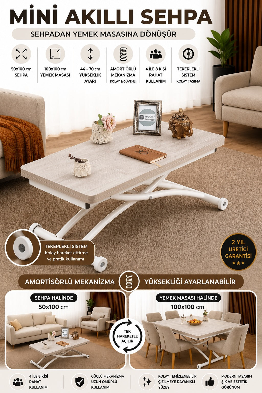 Mini Juppo Akıllı Sehpa – Lizbon MDF Üst & Beyaz Dışa Kıvrımlı Metal Ayak