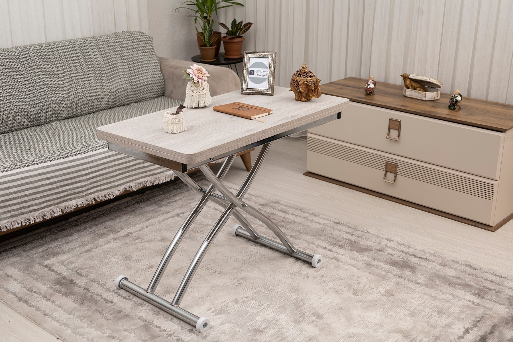 Mini Juppo Smart Coffee Table – Lisbon MDF Top & Chrome Outward Curved Metal Leg