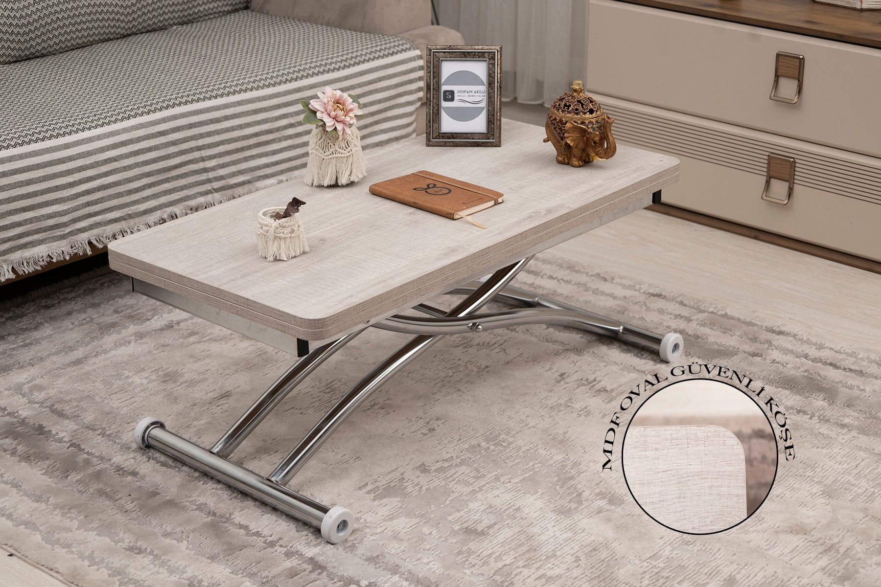 Mini Juppo Smart Coffee Table – Lisbon MDF Top & Chrome Outward Curved Metal Leg