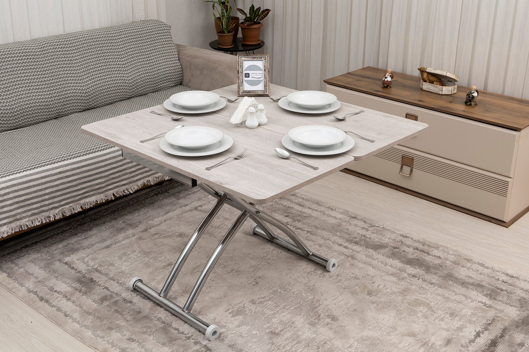 Mini Juppo Smart Coffee Table – Lisbon MDF Top & Chrome Outward Curved Metal Leg