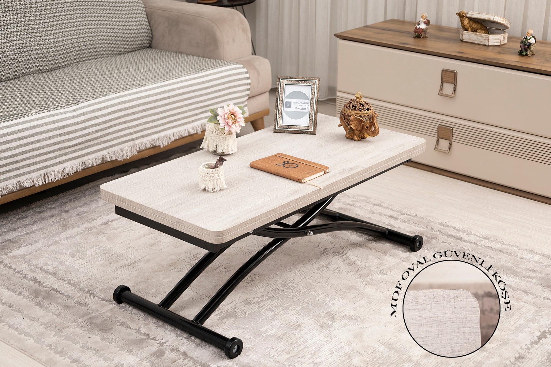 Mini Juppo Smart Coffee Table – Lisbon MDF Top & Black Outward Curved Metal Legs