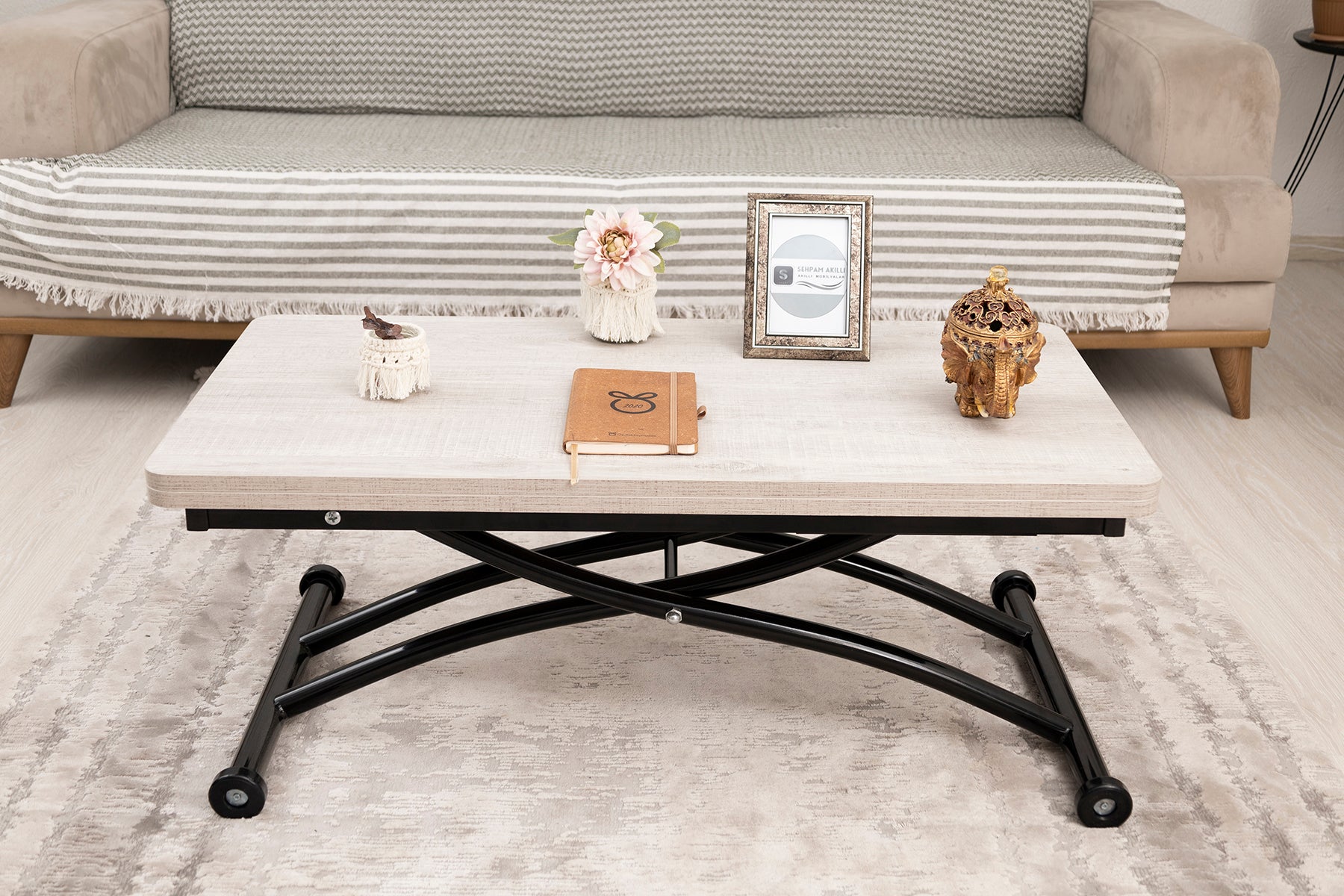 Mini Juppo Smart Coffee Table – Lisbon MDF Top & Black Outward Curved Metal Legs