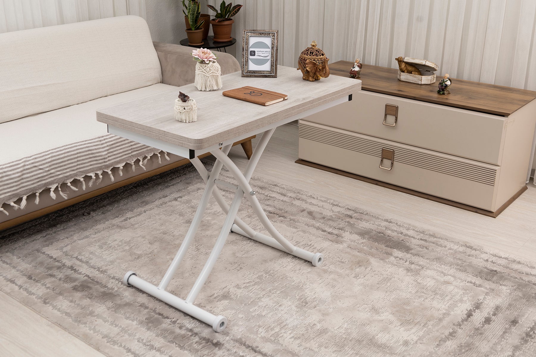 Mini Juppo Smart Coffee Table – Lisbon MDF Top & White Metal Leg