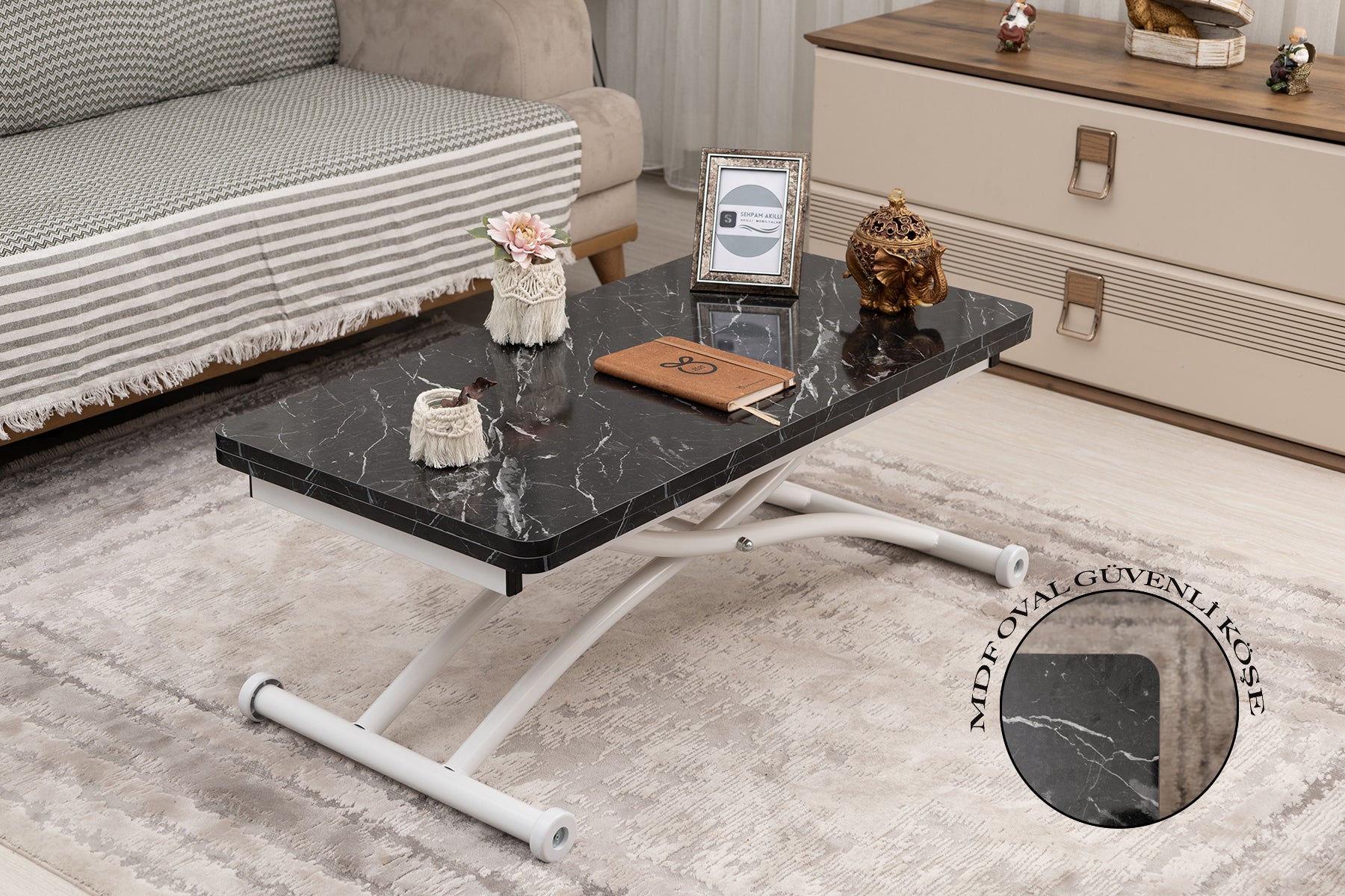 Mini Juppo Akıllı Sehpa – Siyah Mermer MDF Üst & Beyaz Dışa Kıvrımlı Metal Ayak