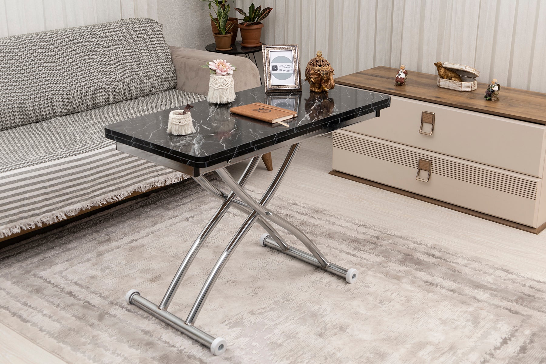 Mini Juppo Smart Coffee Table – Black Marble MDF Top & Chrome Outward Curled Metal Legs