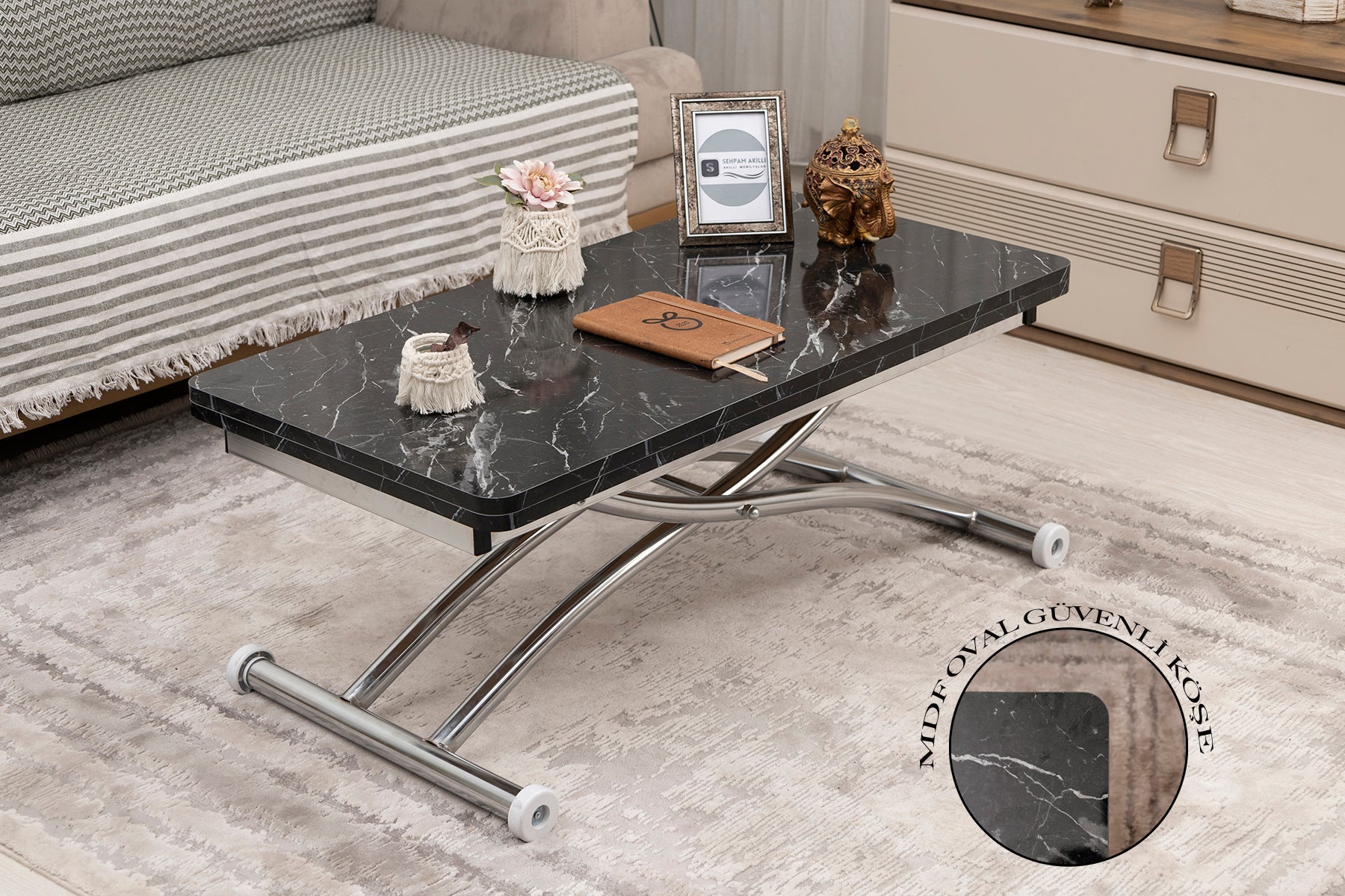 Mini Juppo Smart Coffee Table – Black Marble MDF Top & Chrome Outward Curled Metal Legs