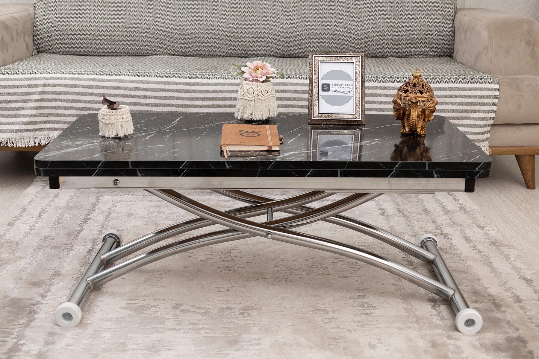 Mini Juppo Smart Coffee Table – Black Marble MDF Top & Chrome Outward Curled Metal Legs