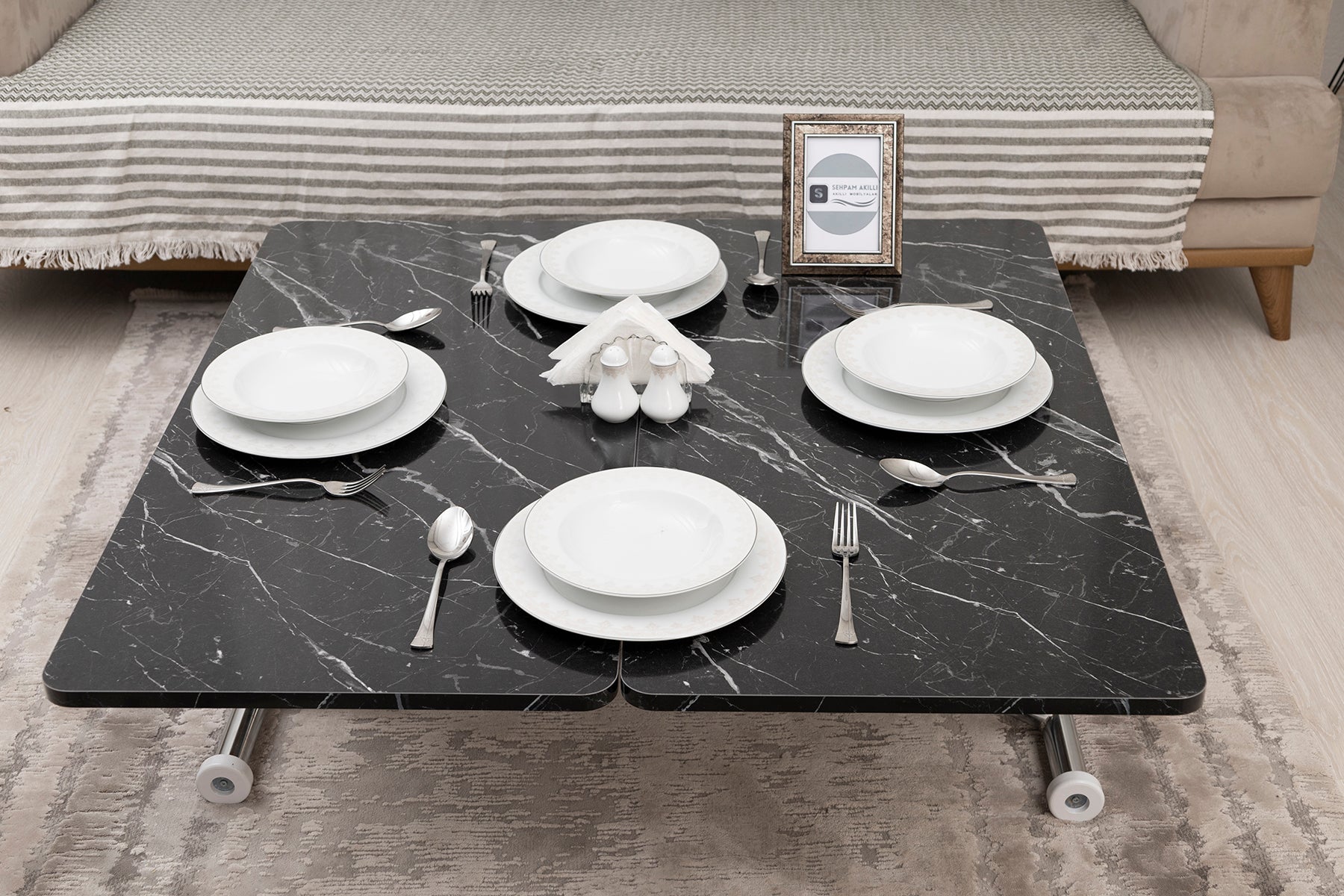 Mini Juppo Smart Coffee Table – Black Marble MDF Top & Chrome Outward Curled Metal Legs