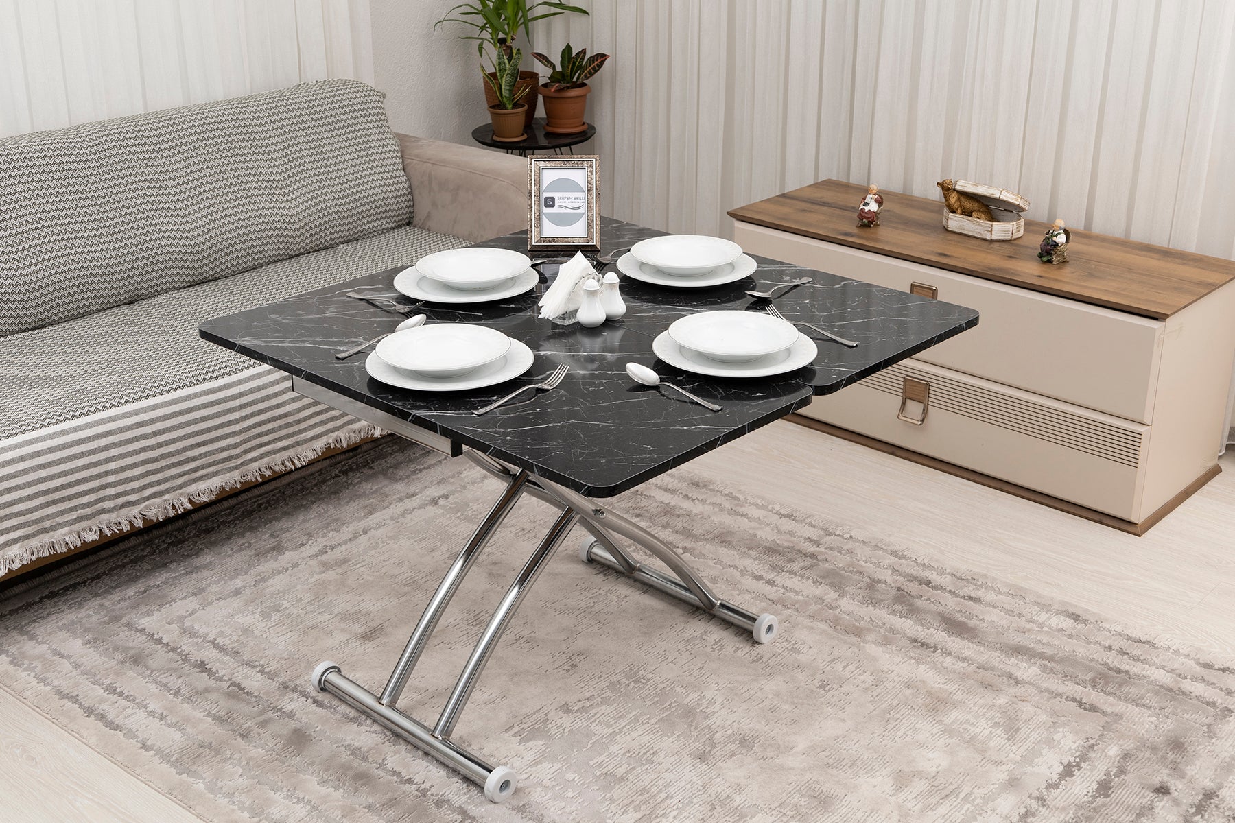 Mini Juppo Smart Coffee Table – Black Marble MDF Top & Chrome Outward Curled Metal Legs