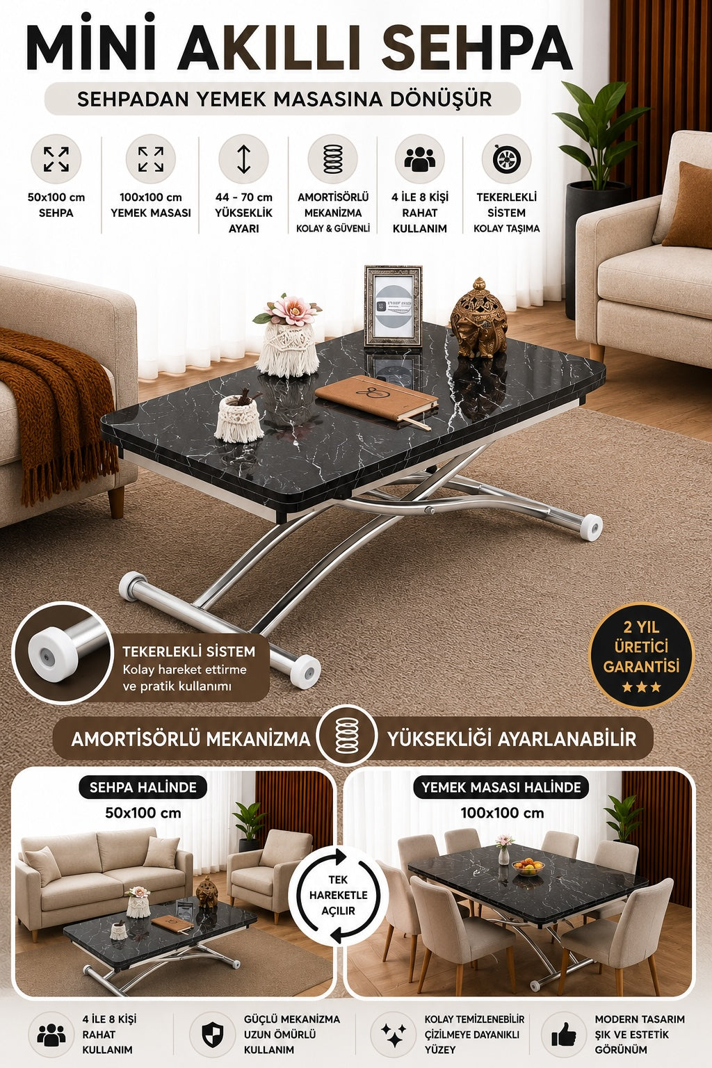 Mini Juppo Smart Coffee Table – Black Marble MDF Top & Chrome Outward Curled Metal Legs