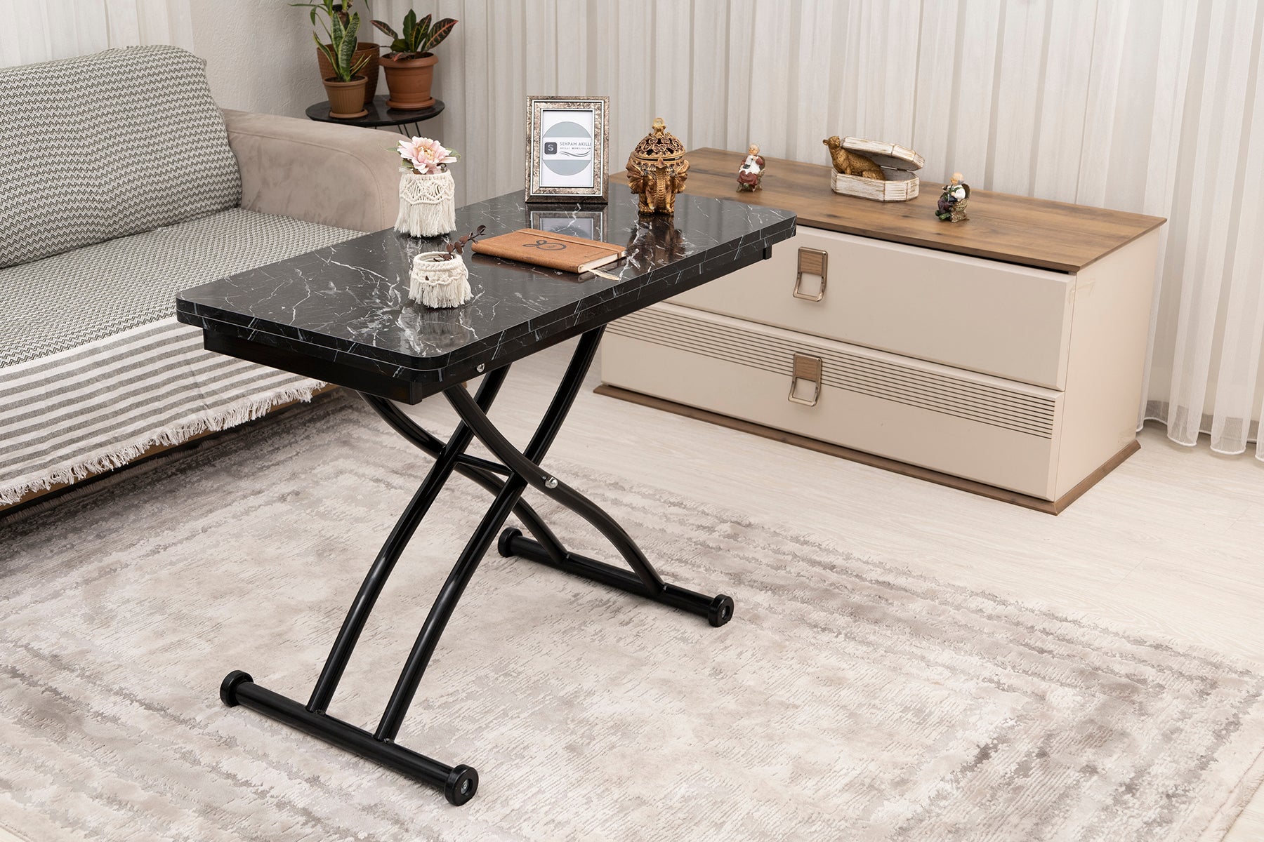 Mini Juppo Smart Side Table – Black Marble MDF Top & Black Outward-Curved Metal Leg