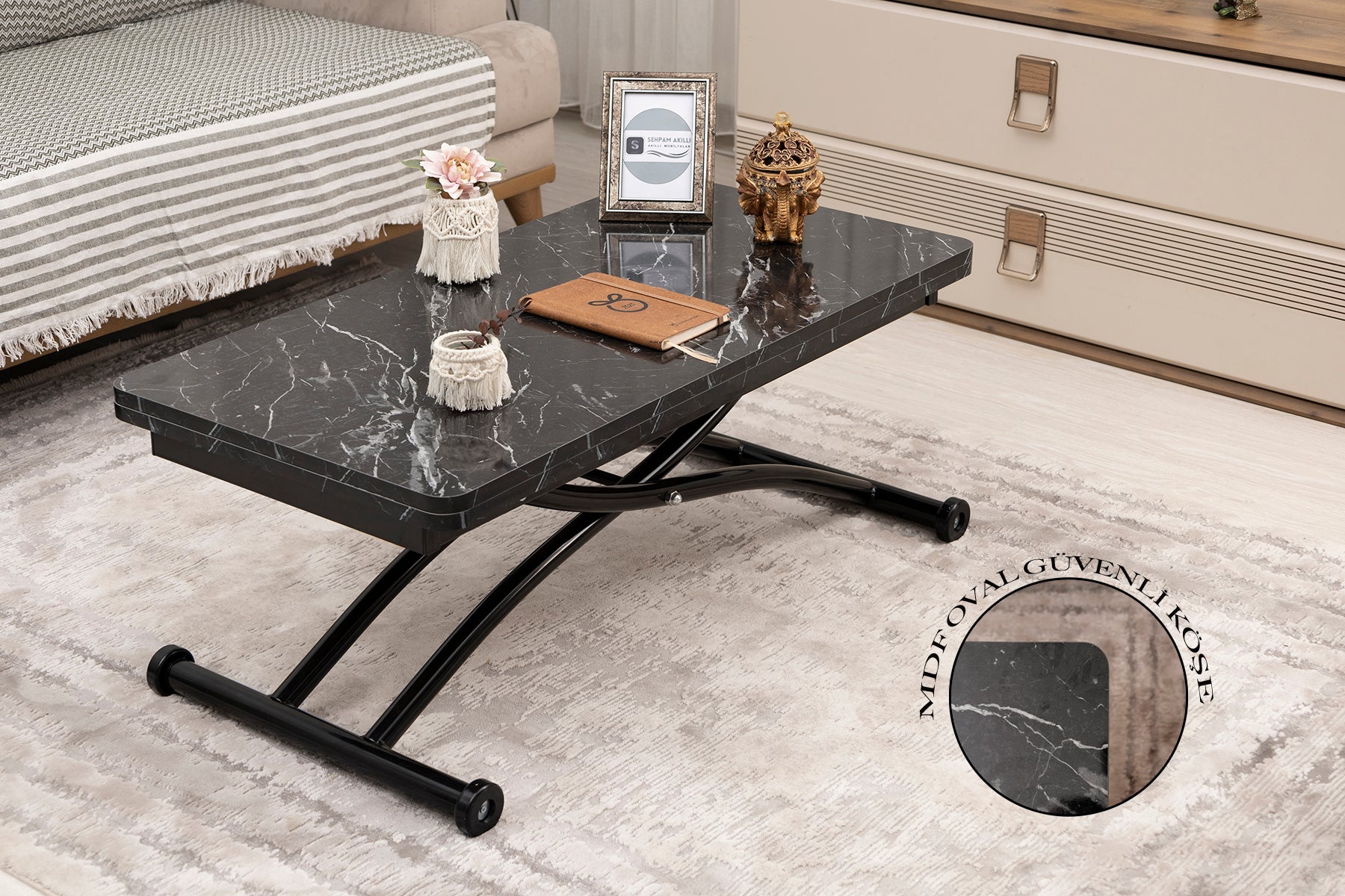 Mini Juppo Smart Side Table – Black Marble MDF Top & Black Outward-Curved Metal Leg