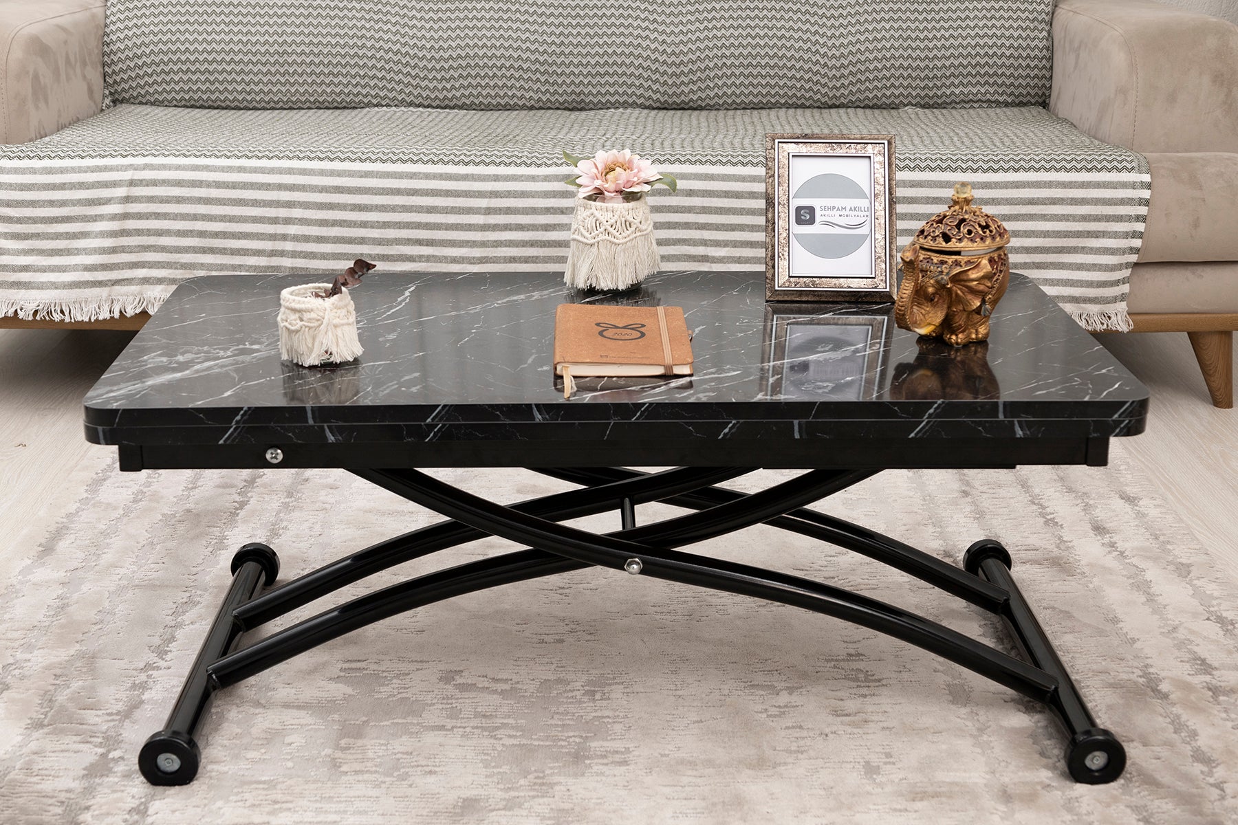 Mini Juppo Smart Side Table – Black Marble MDF Top & Black Outward-Curved Metal Leg