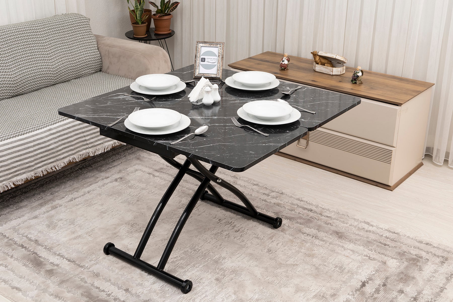 Mini Juppo Smart Side Table – Black Marble MDF Top & Black Outward-Curved Metal Leg