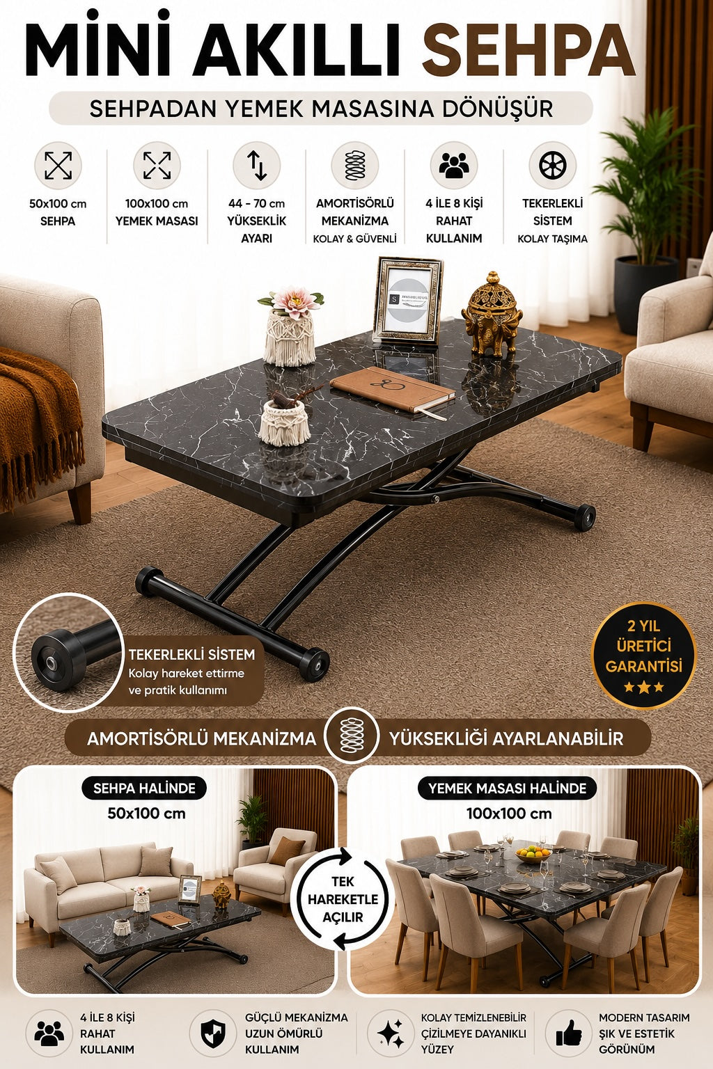 Mini Juppo Smart Side Table – Black Marble MDF Top & Black Outward-Curved Metal Leg