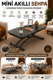 Mini Juppo Smart Side Table – Black Marble MDF Top & Black Outward-Curved Metal Leg