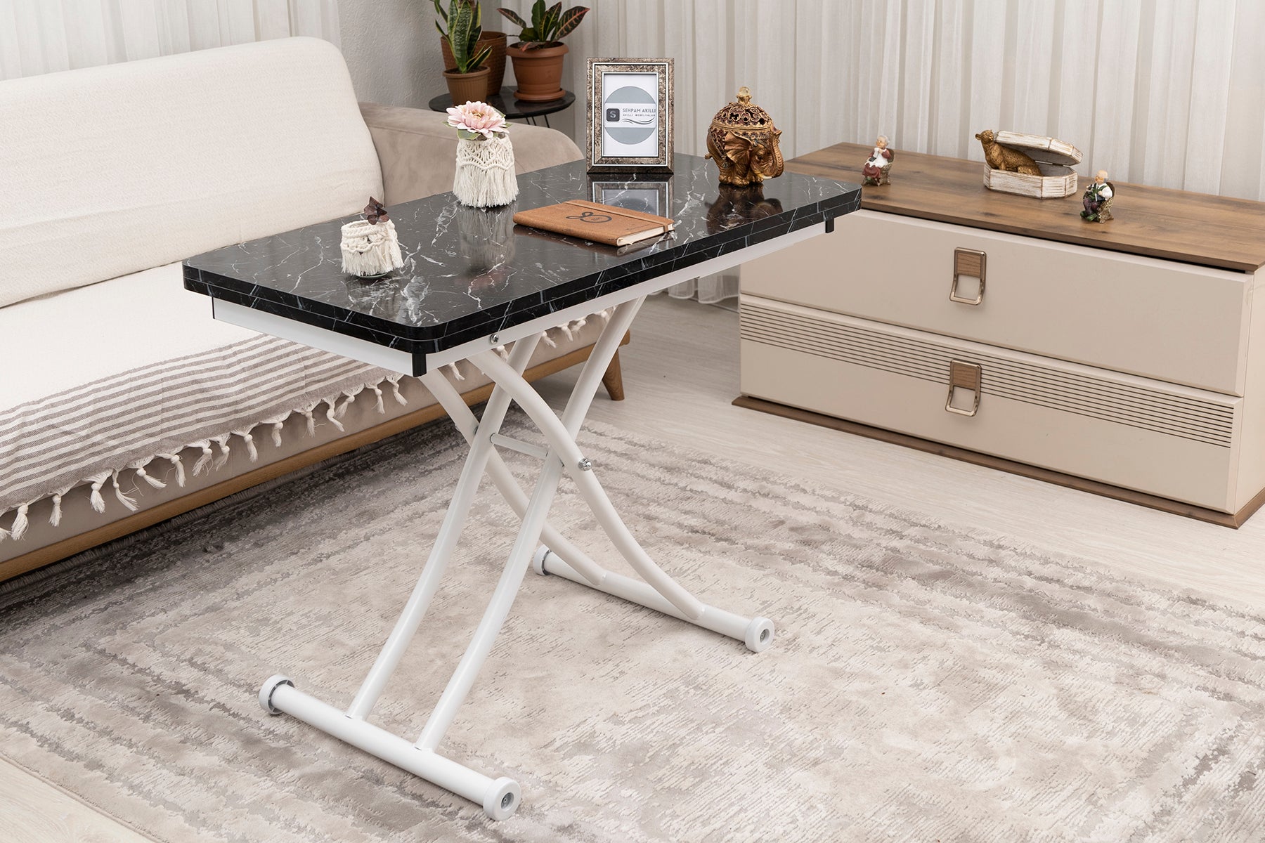 Mini Juppo Smart Coffee Table – Black Marble MDF Top & White Metal Leg