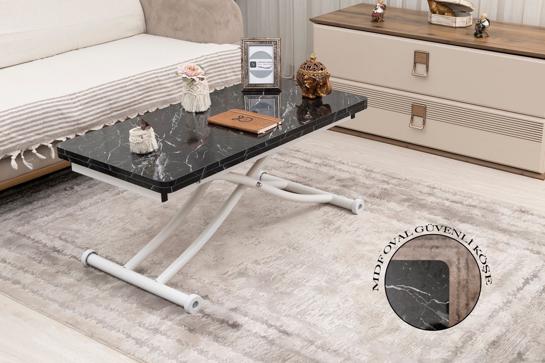 Mini Juppo Smart Coffee Table – Black Marble MDF Top & White Metal Leg