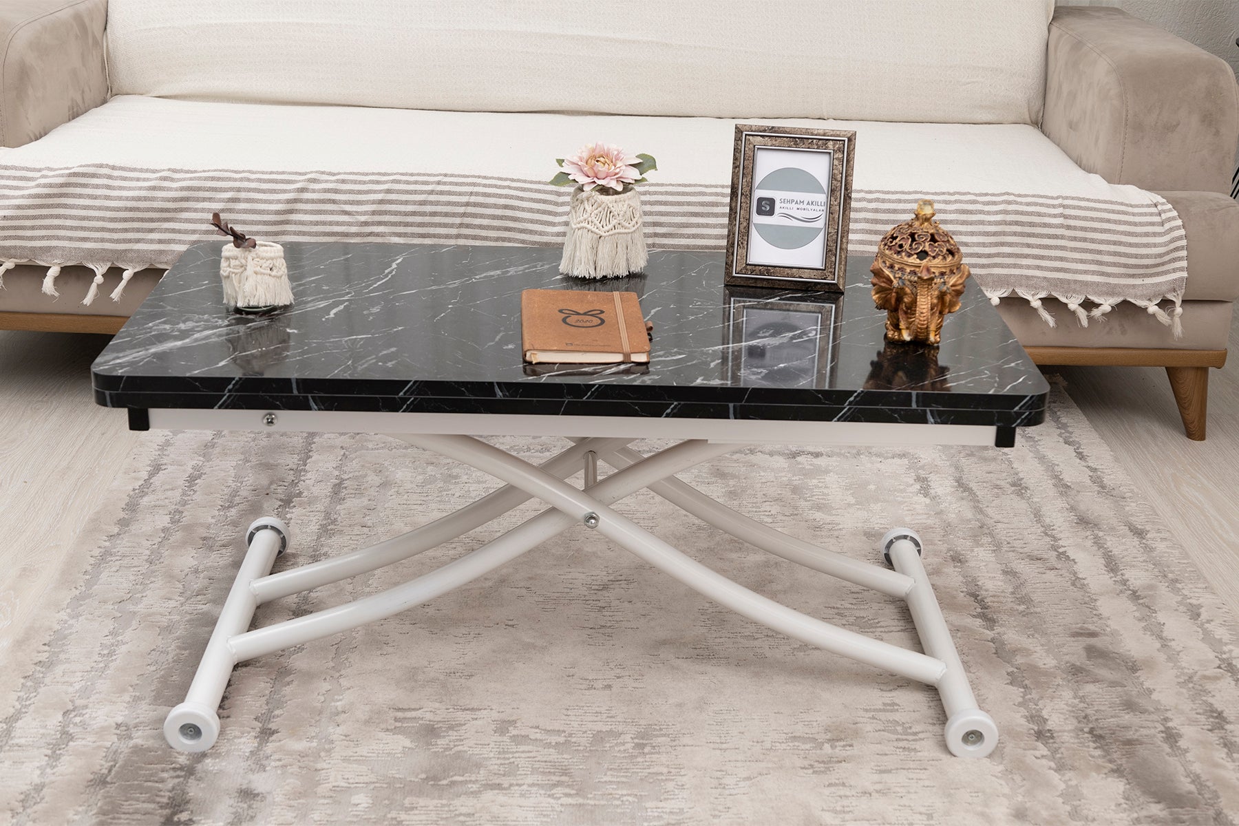 Mini Juppo Smart Coffee Table – Black Marble MDF Top & White Metal Leg