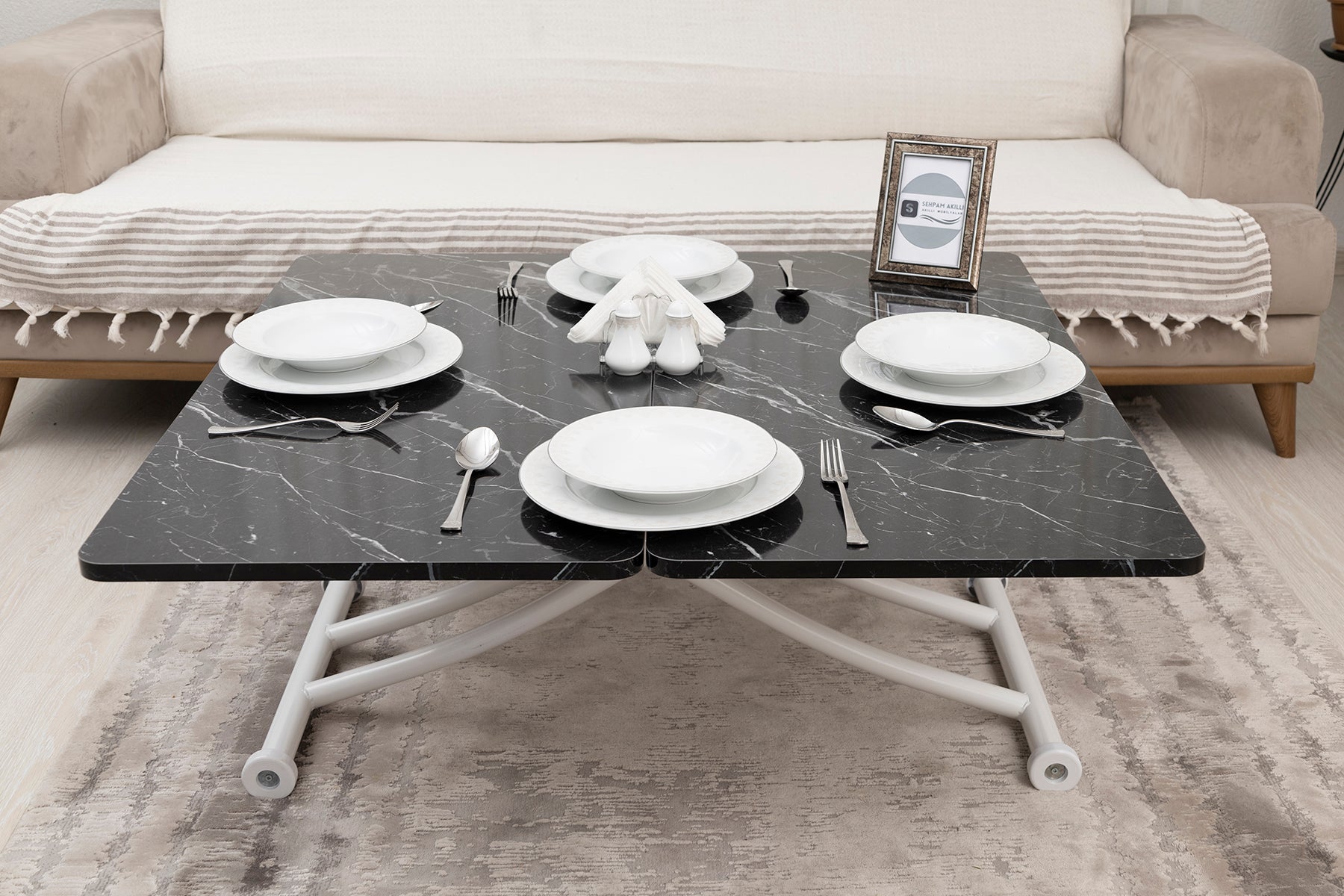 Mini Juppo Smart Coffee Table – Black Marble MDF Top & White Metal Leg