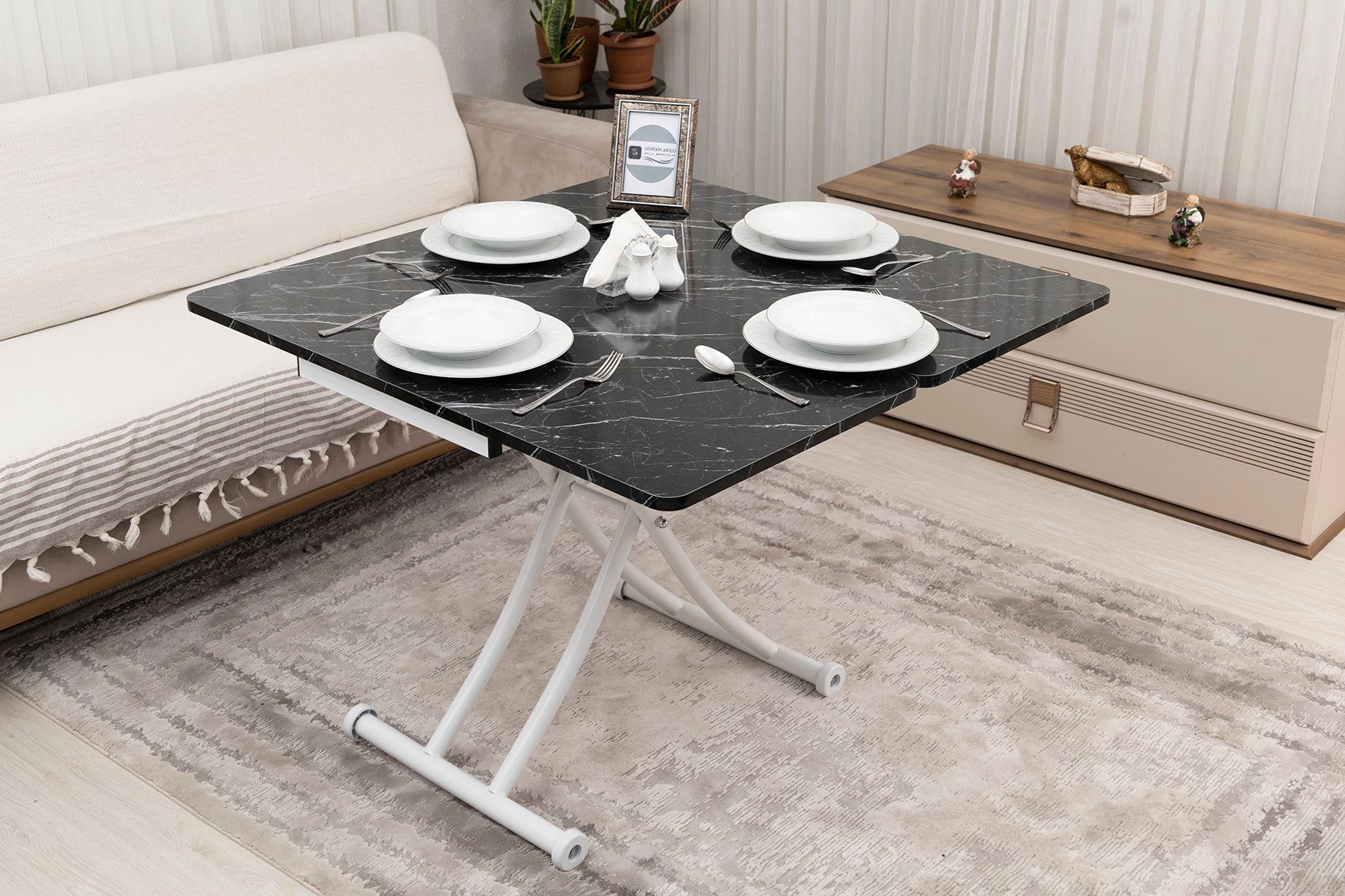 Mini Juppo Smart Coffee Table – Black Marble MDF Top & White Metal Leg