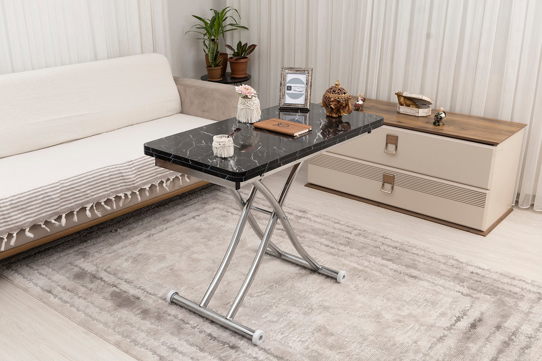 Mini Juppo Smart Side Table – Black Marble MDF Top & Chrome Plated Metal Legs