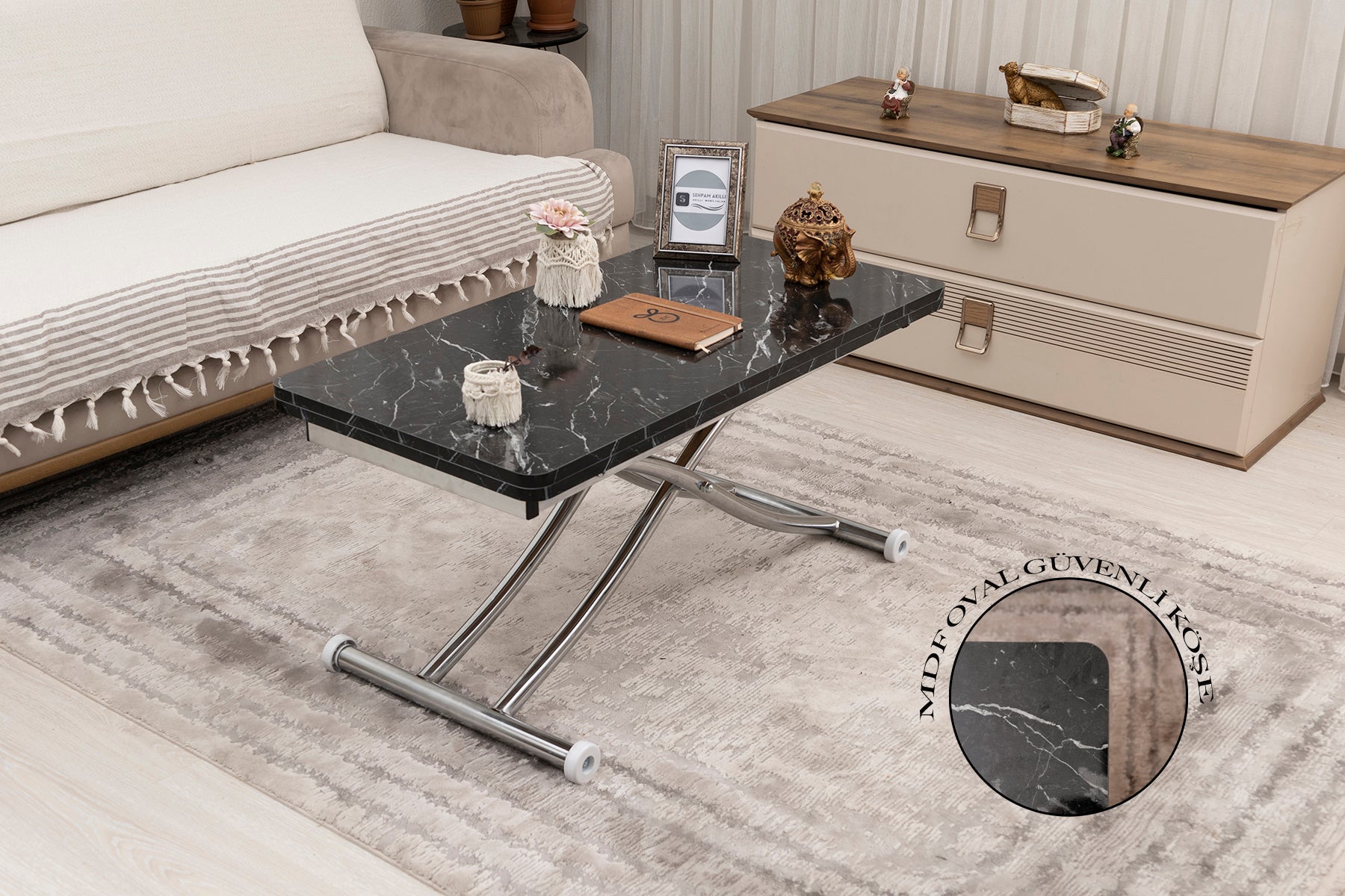 Mini Juppo Smart Side Table – Black Marble MDF Top & Chrome Plated Metal Legs