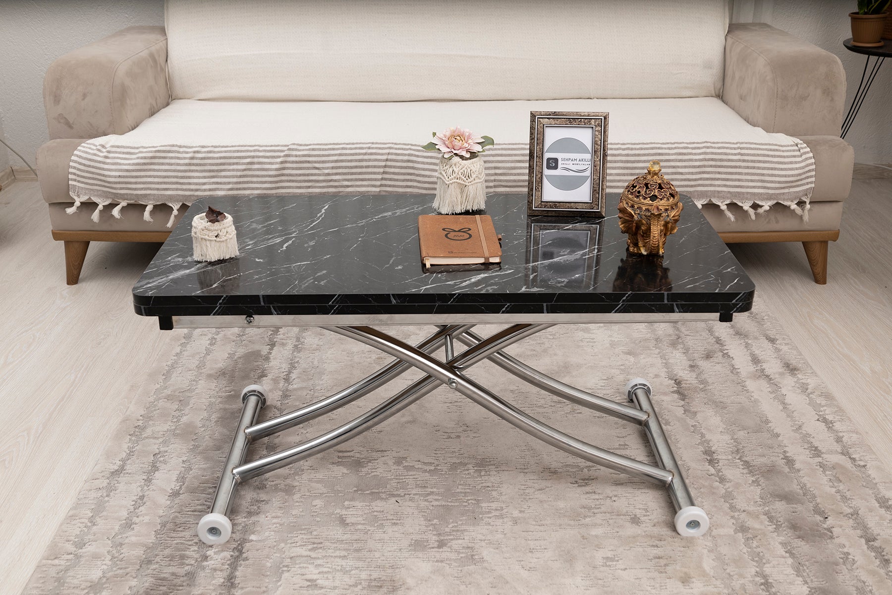 Mini Juppo Smart Side Table – Black Marble MDF Top & Chrome Plated Metal Legs