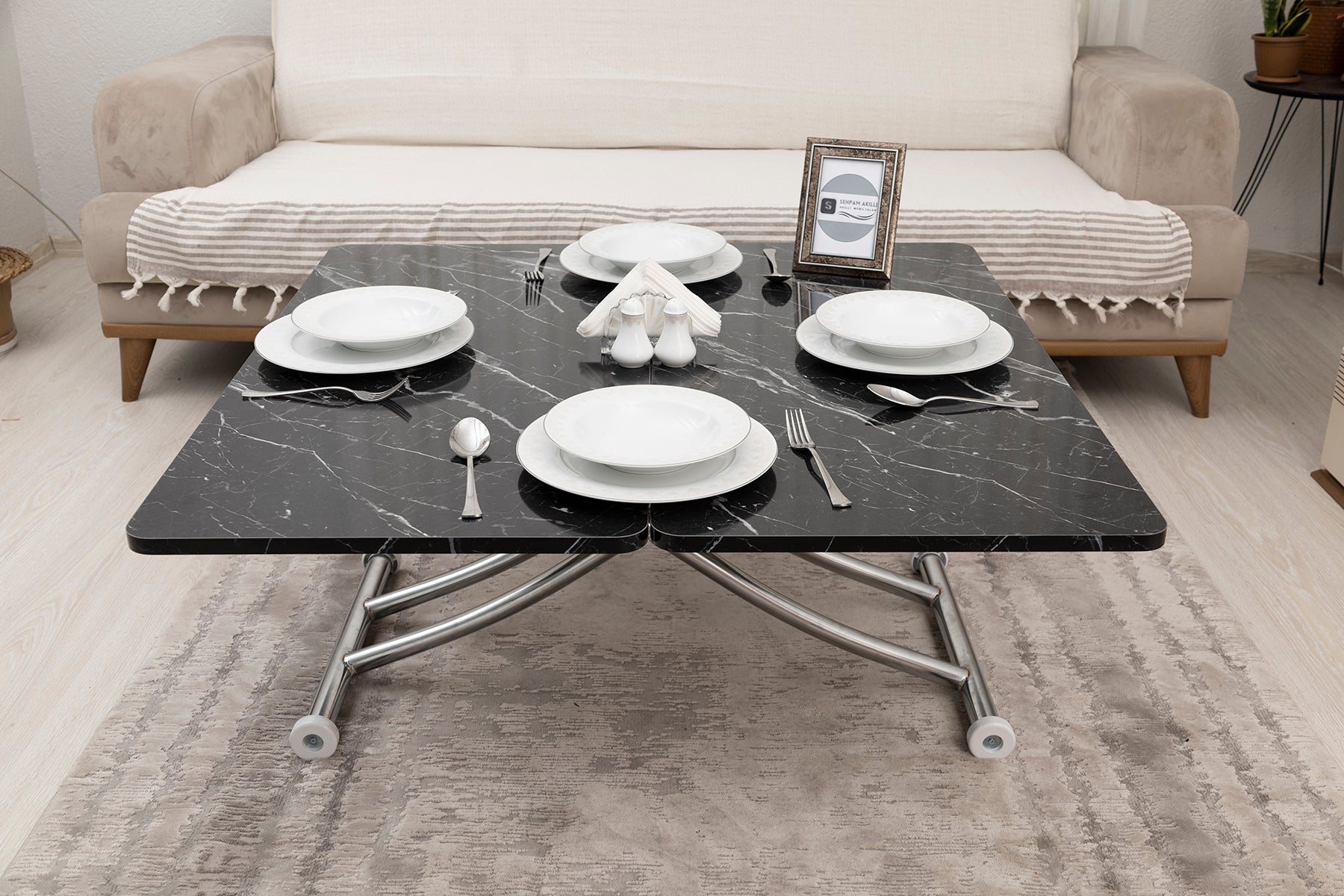 Mini Juppo Smart Side Table – Black Marble MDF Top & Chrome Plated Metal Legs