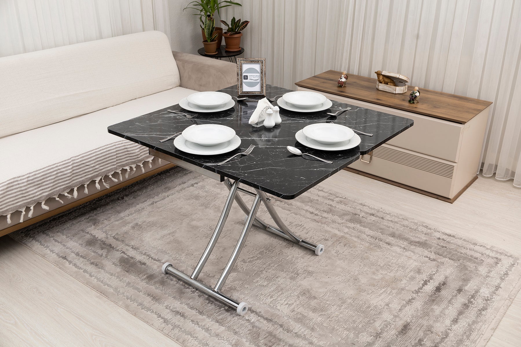 Mini Juppo Smart Side Table – Black Marble MDF Top & Chrome Plated Metal Legs