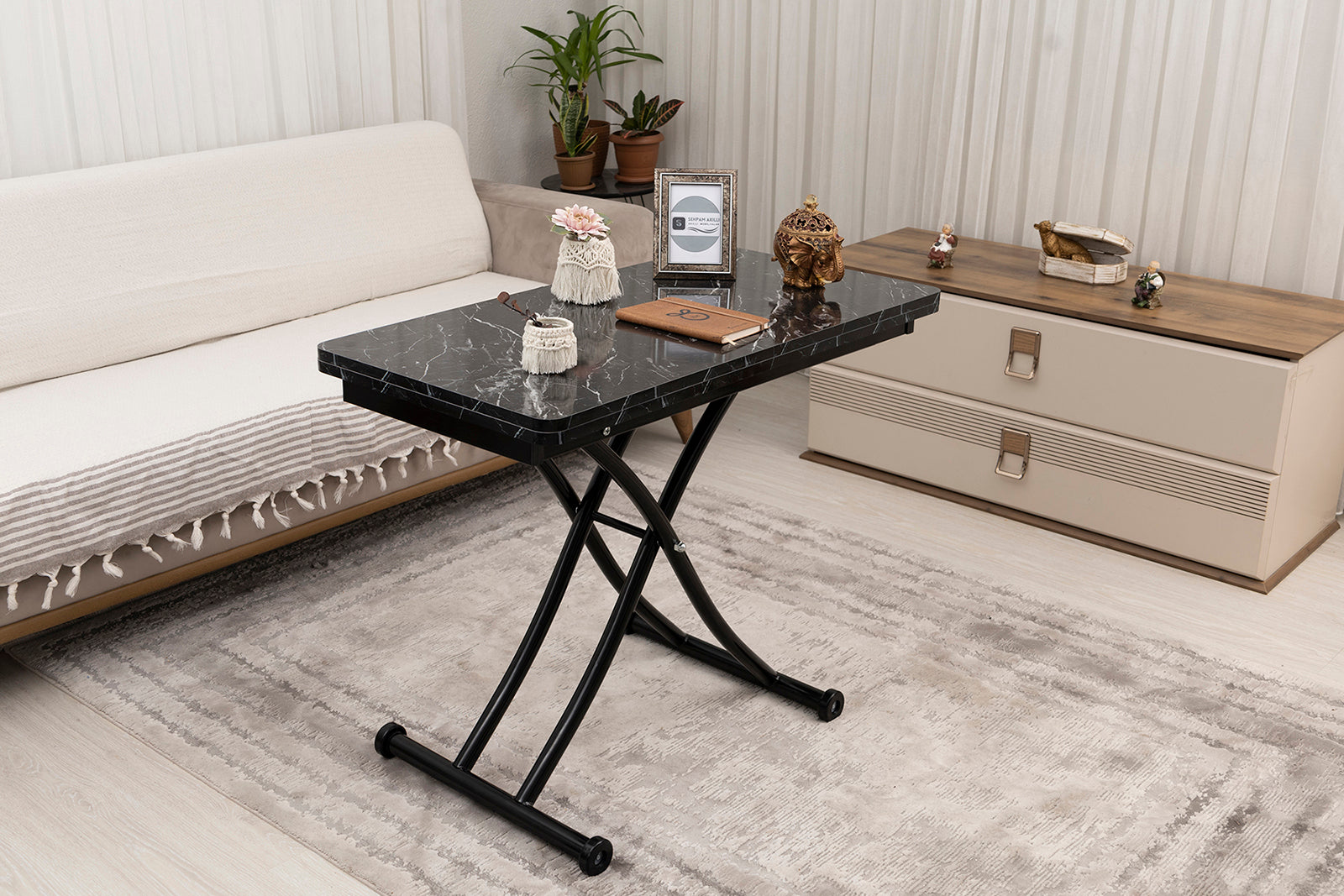 Mini Juppo Smart Coffee Table – Black Marble MDF Top & Black Metal Leg