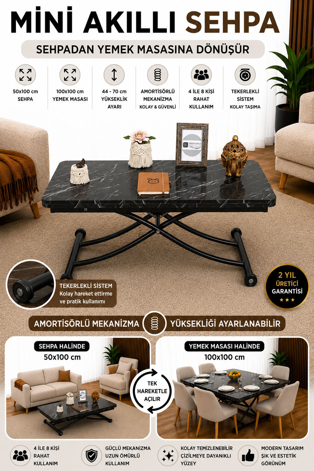 Mini Juppo Smart Coffee Table – Black Marble MDF Top & Black Metal Leg