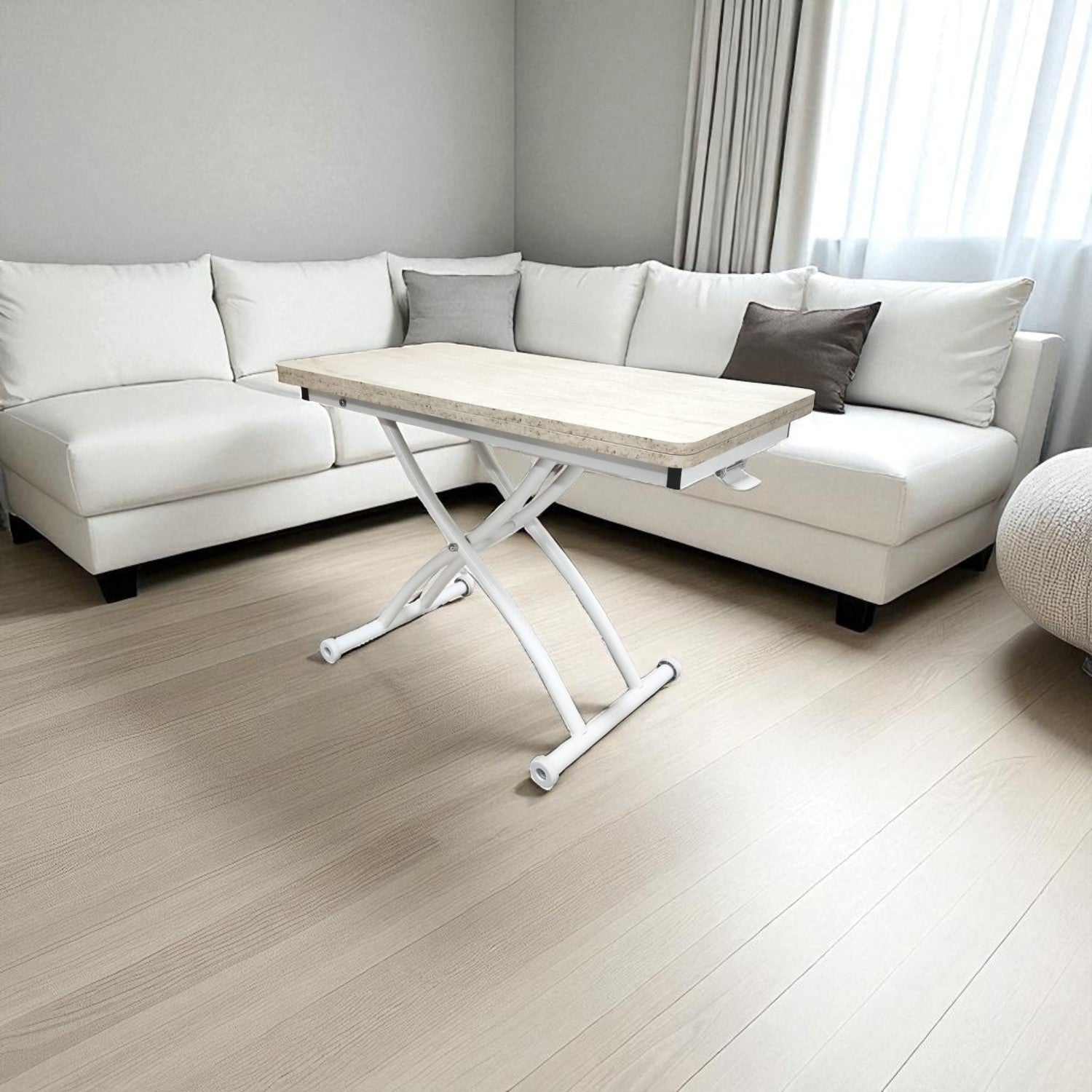 Mini Juppo Smart Side Table – Travertine MDF Top & White Outward-Curved Metal Leg