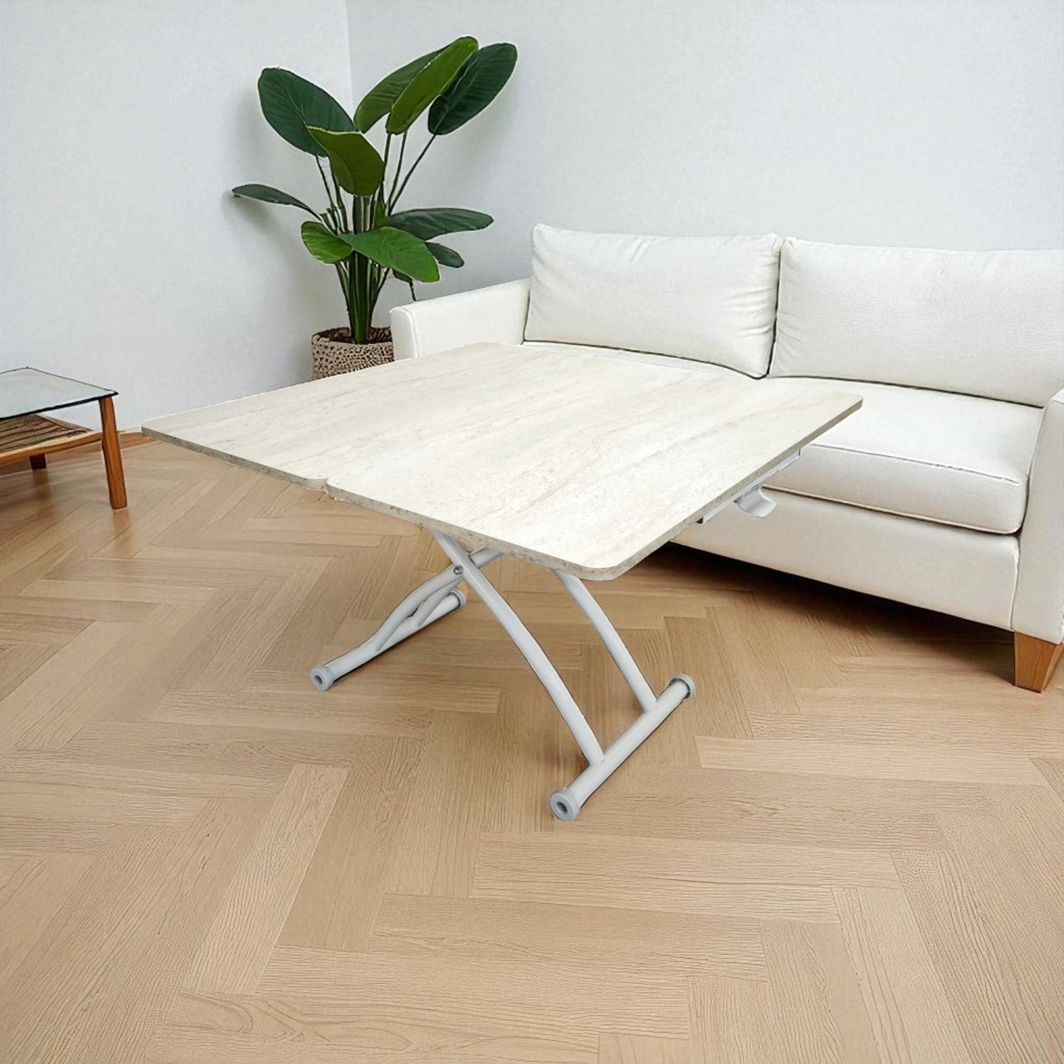 Mini Juppo Smart Side Table – Travertine MDF Top & White Outward-Curved Metal Leg
