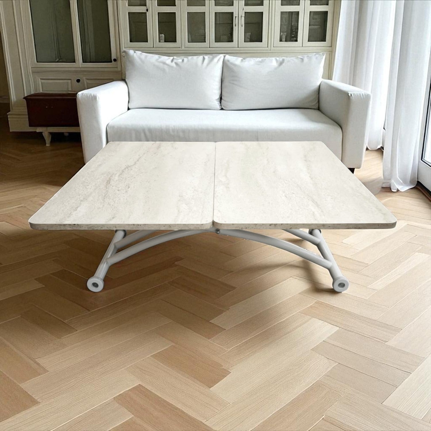 Mini Juppo Smart Side Table – Travertine MDF Top & White Outward-Curved Metal Leg