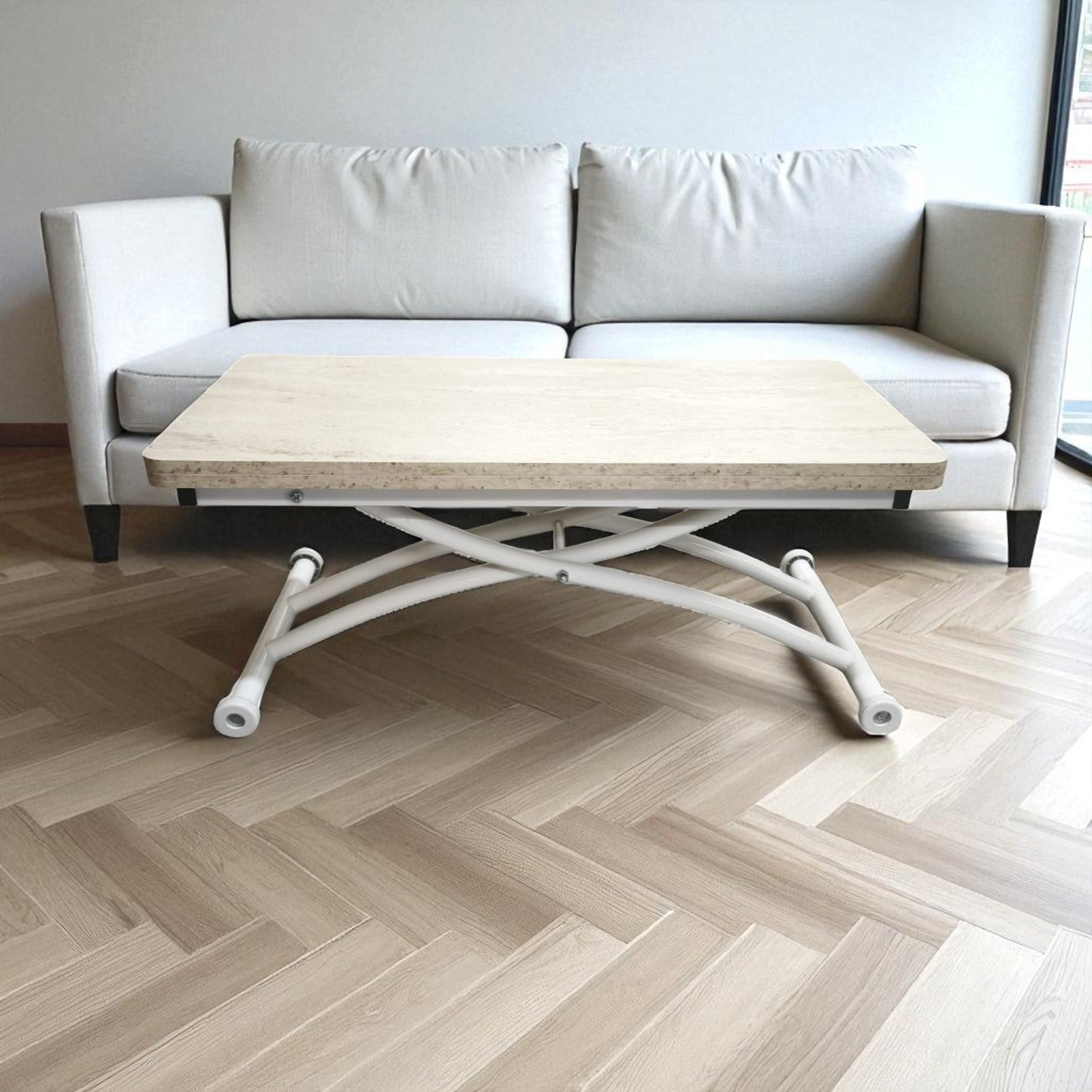 Mini Juppo Smart Side Table – Travertine MDF Top & White Outward-Curved Metal Leg