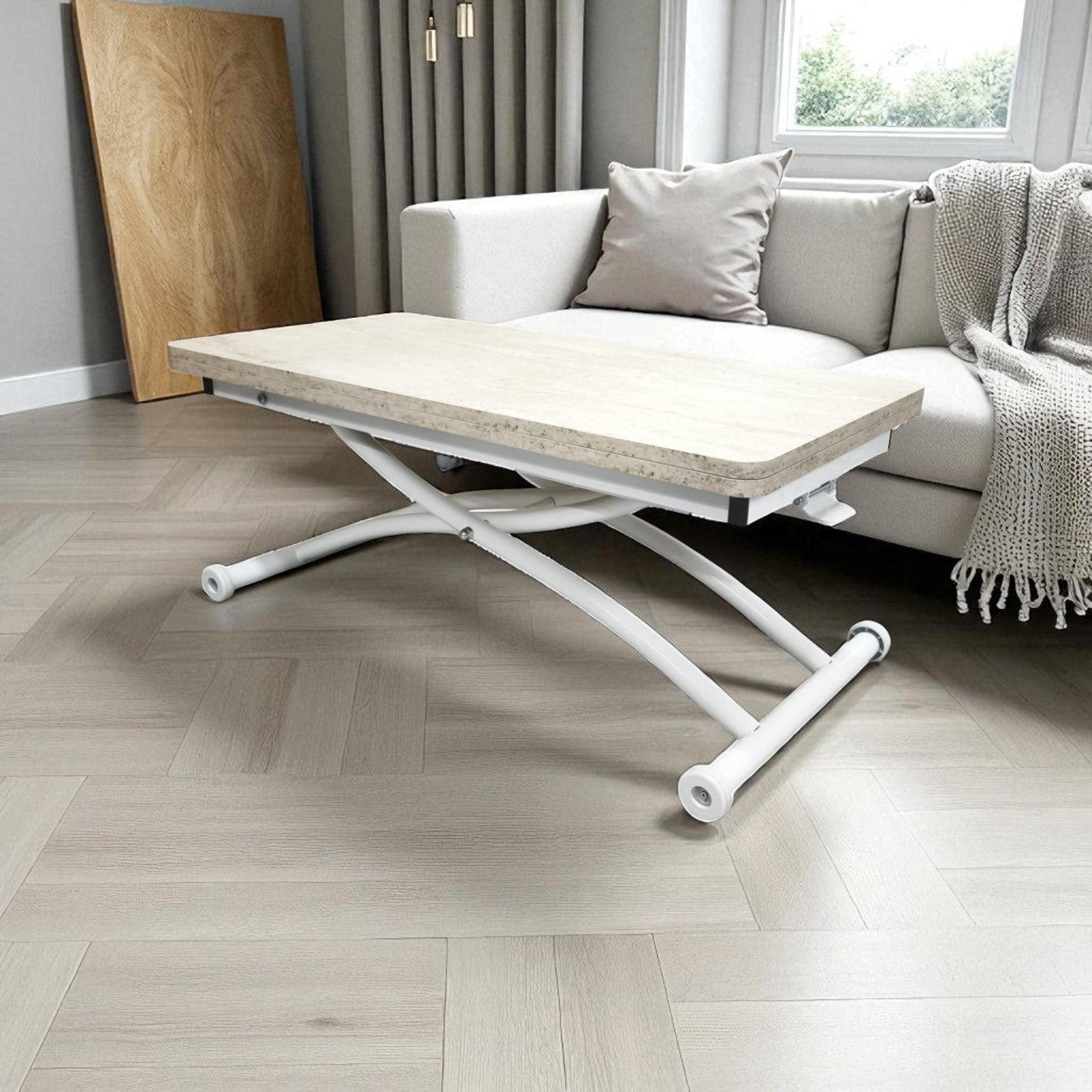 Mini Juppo Smart Side Table – Travertine MDF Top & White Outward-Curved Metal Leg