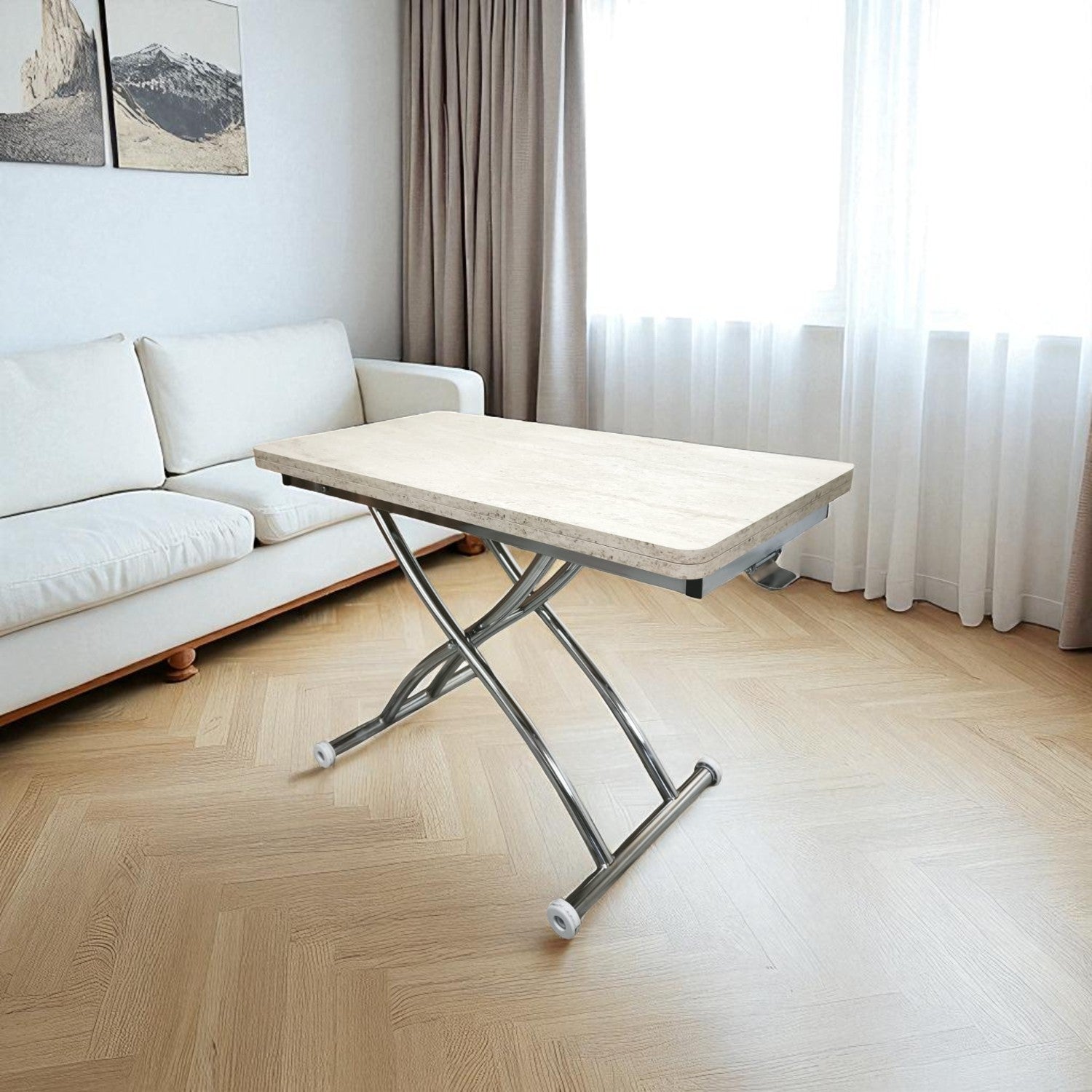 Mini Juppo Smart Coffee Table – Travertine MDF Top & Chrome Outward-Curved Metal Leg