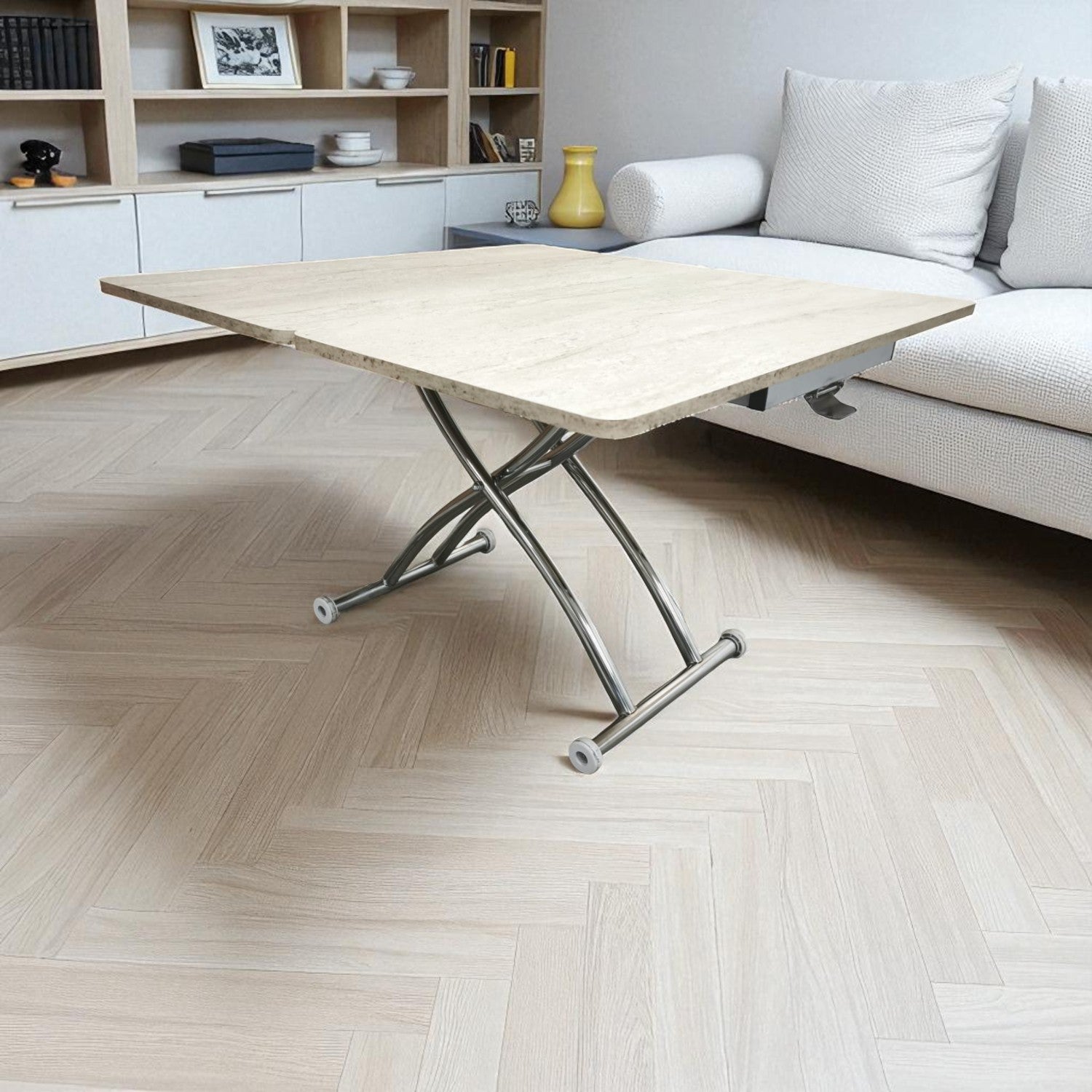 Mini Juppo Smart Coffee Table – Travertine MDF Top & Chrome Outward-Curved Metal Leg