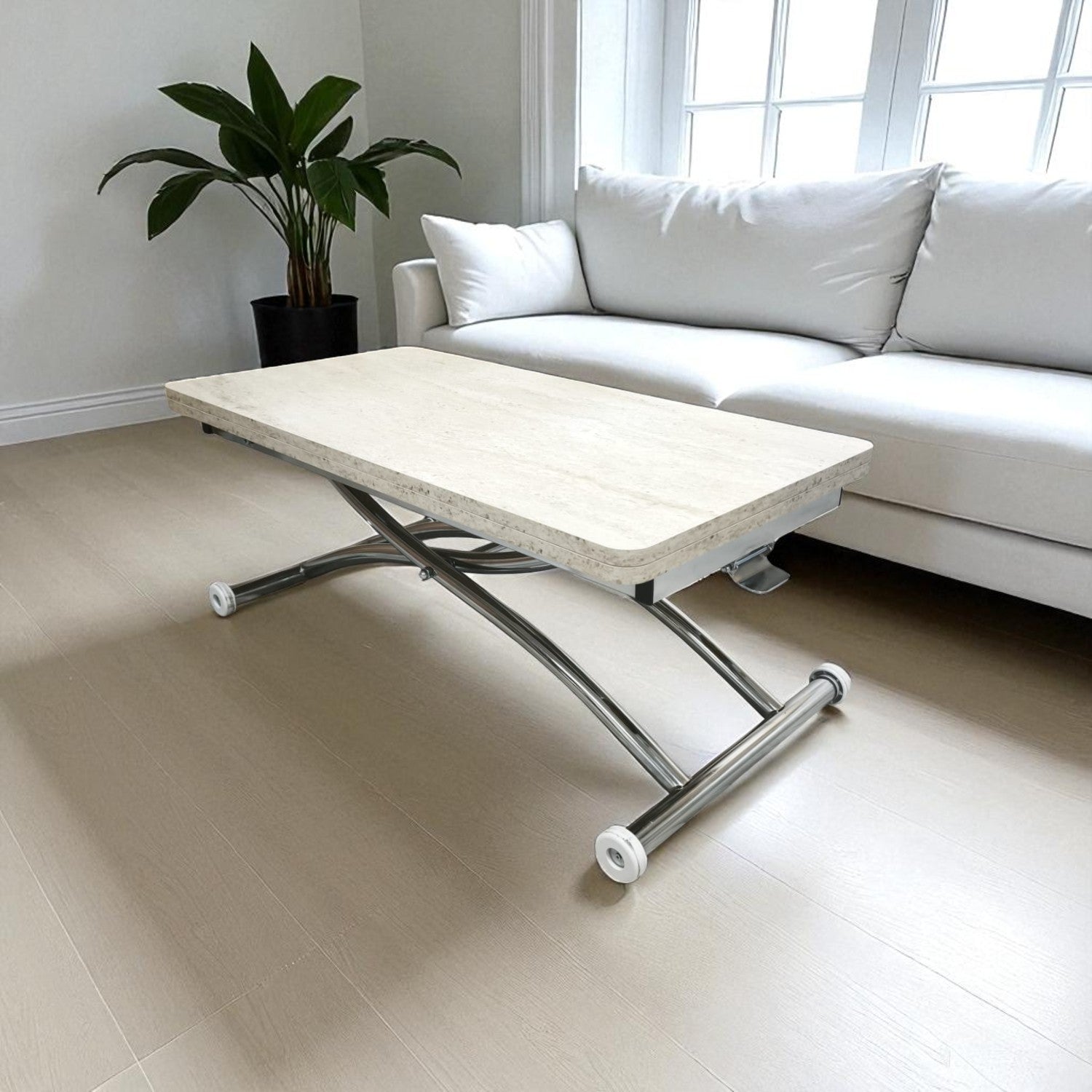 Mini Juppo Smart Coffee Table – Travertine MDF Top & Chrome Outward-Curved Metal Leg