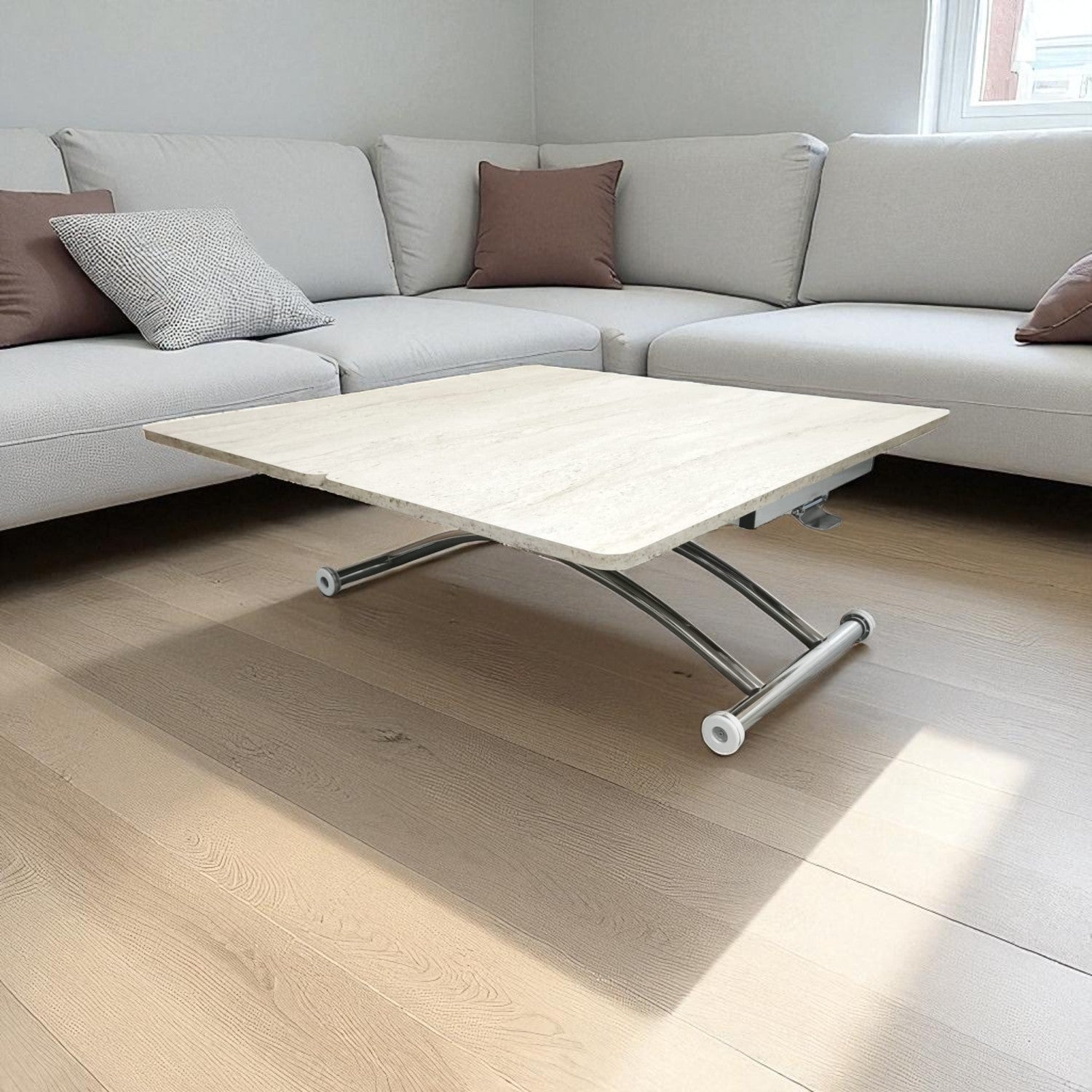 Mini Juppo Smart Coffee Table – Travertine MDF Top & Chrome Outward-Curved Metal Leg