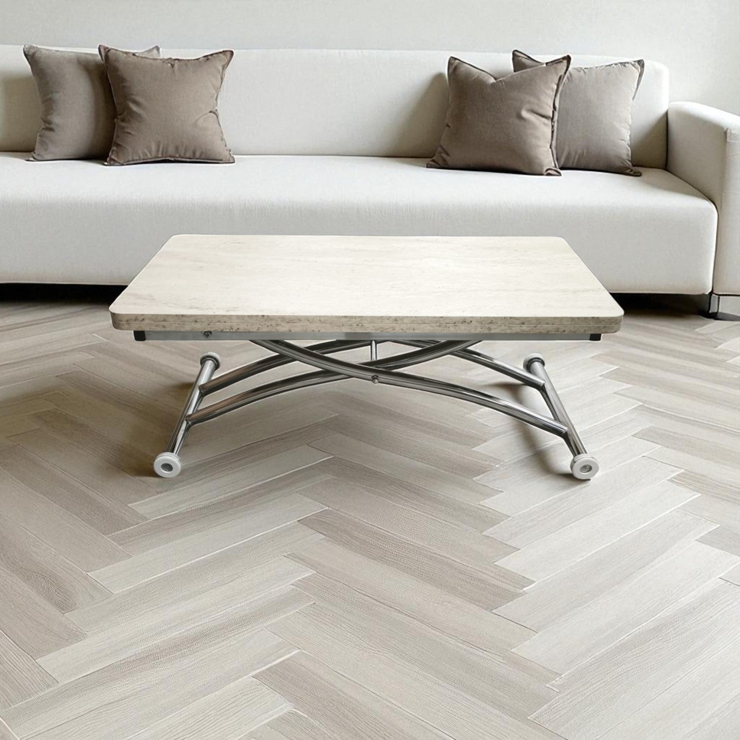 Mini Juppo Smart Coffee Table – Travertine MDF Top & Chrome Outward-Curved Metal Leg