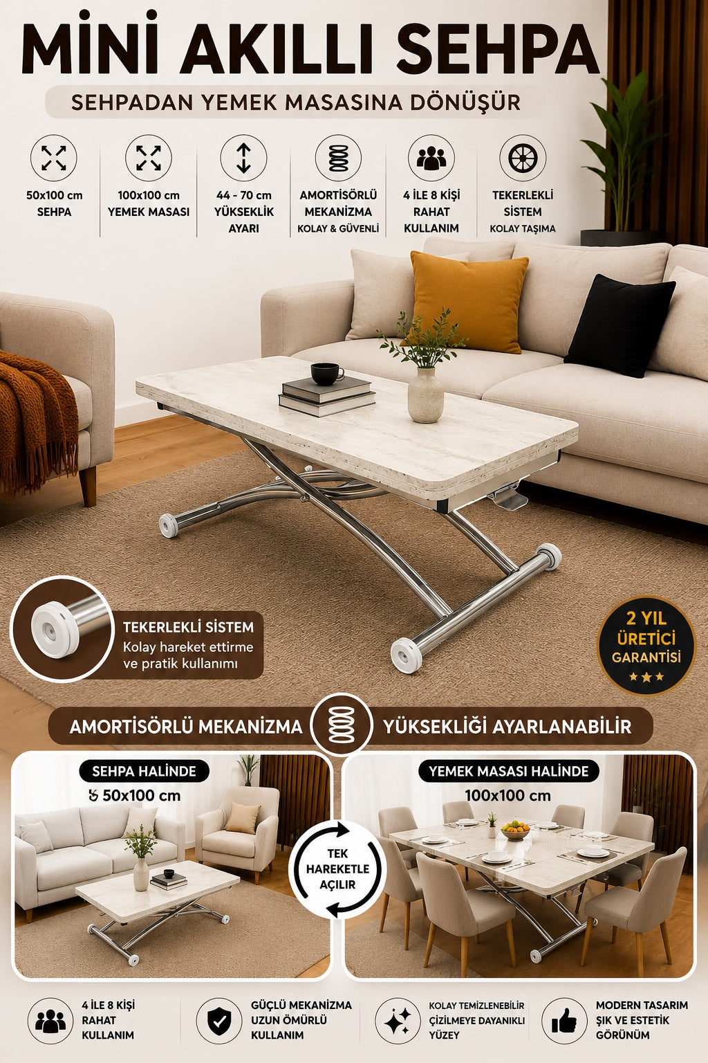 Mini Juppo Smart Coffee Table – Travertine MDF Top & Chrome Outward-Curved Metal Leg
