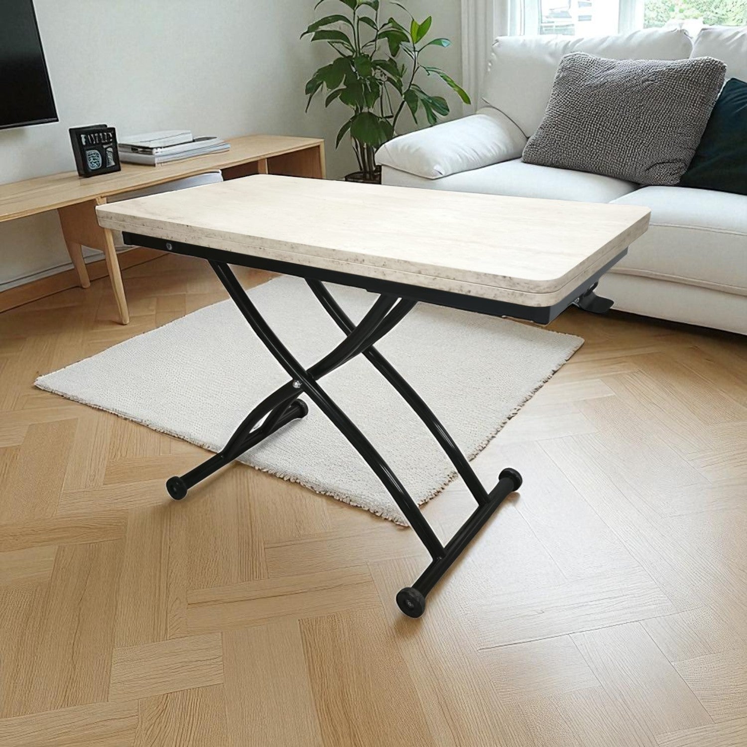 Mini Juppo Smart Coffee Table – Travertine MDF Top & Black Outward Curved Metal Leg