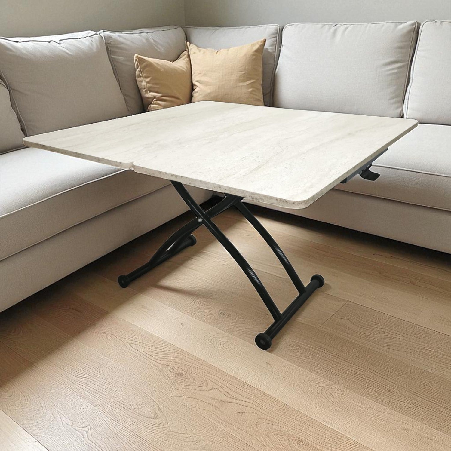 Mini Juppo Smart Coffee Table – Travertine MDF Top & Black Outward Curved Metal Leg