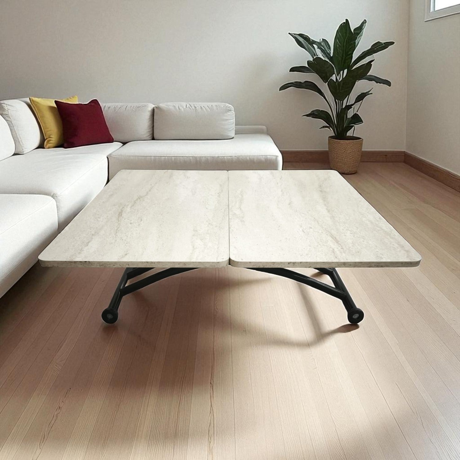 Mini Juppo Smart Coffee Table – Travertine MDF Top & Black Outward Curved Metal Leg
