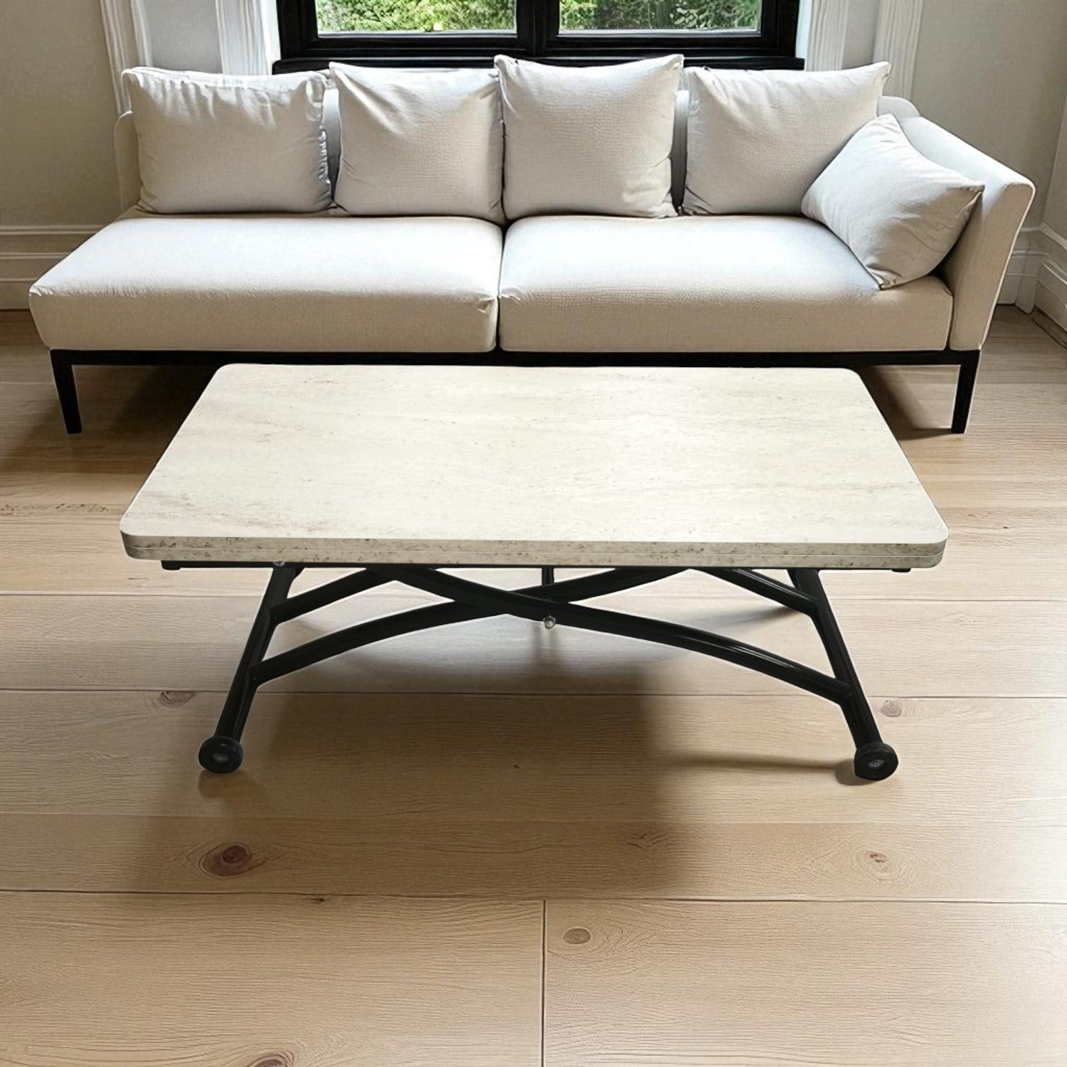 Mini Juppo Smart Coffee Table – Travertine MDF Top & Black Outward Curved Metal Leg