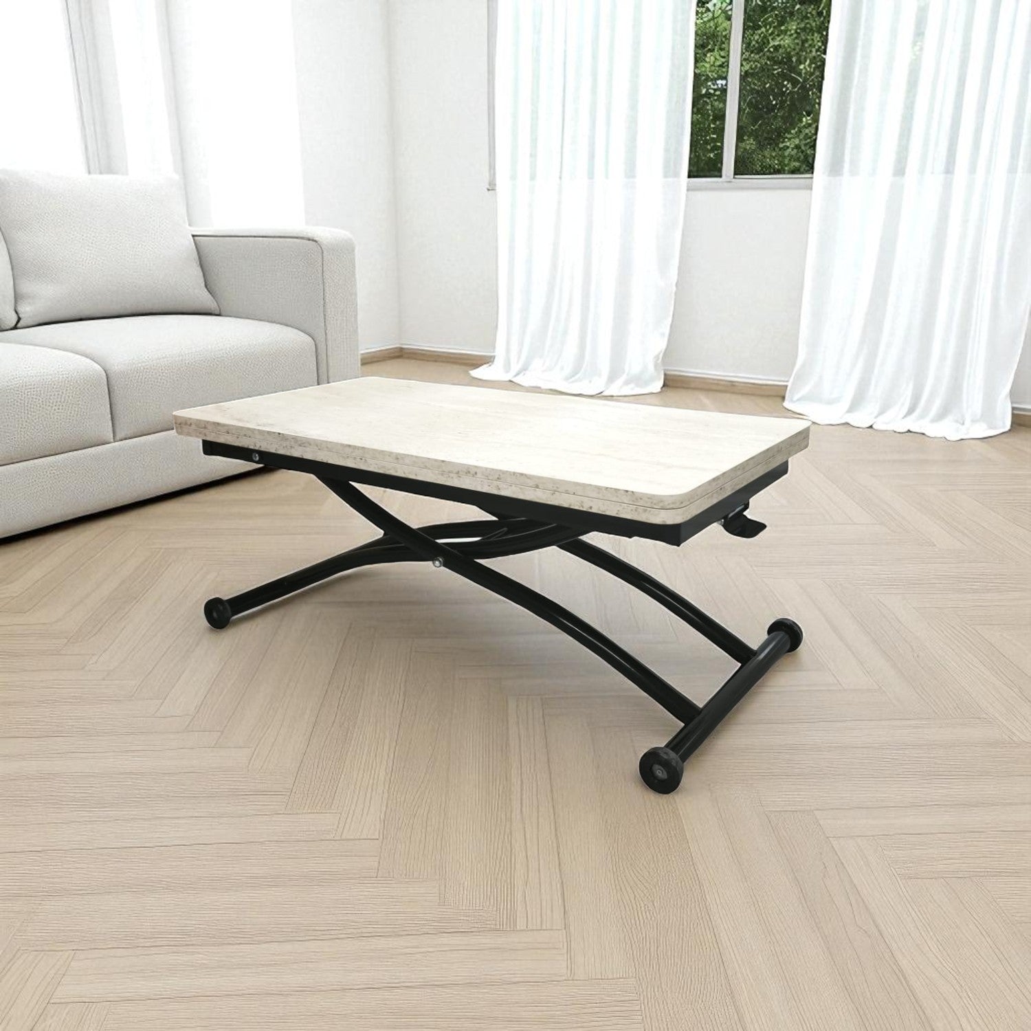 Mini Juppo Smart Coffee Table – Travertine MDF Top & Black Outward Curved Metal Leg