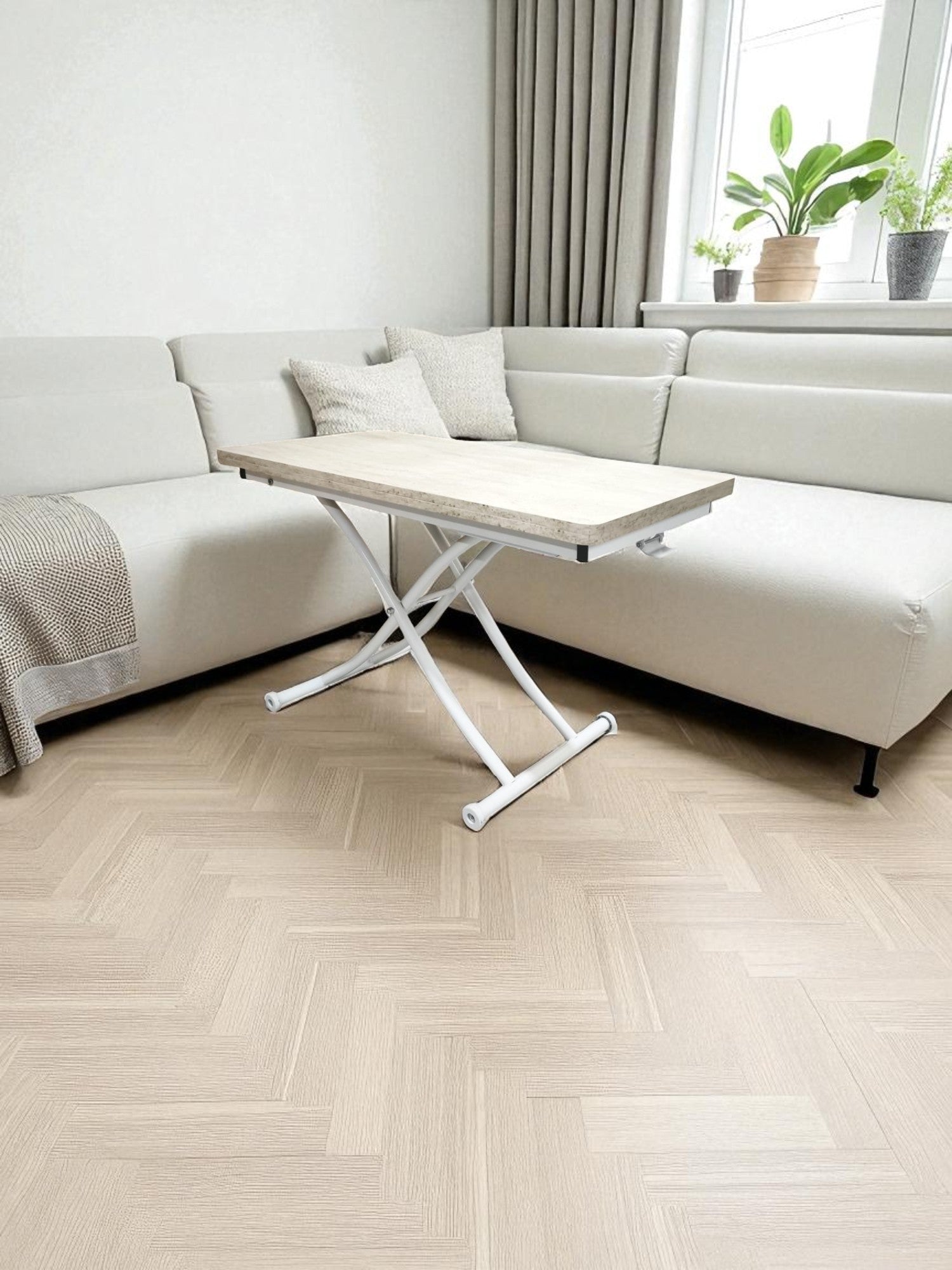 Mini Juppo Smart Coffee Table – Travertine MDF Top & White Metal Leg