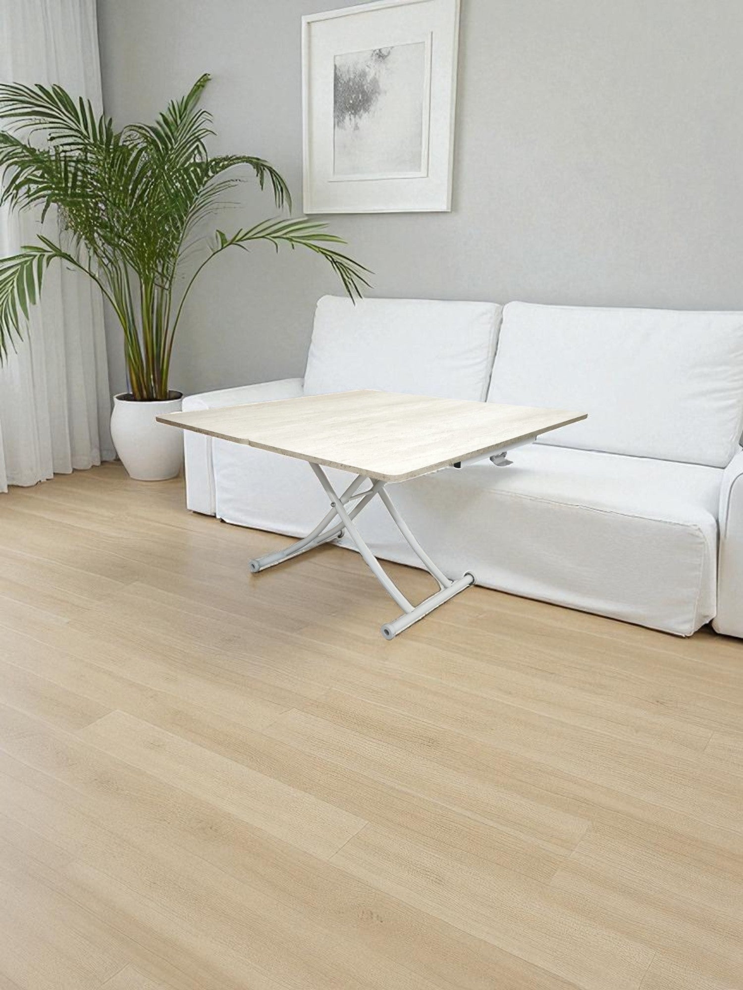 Mini Juppo Smart Coffee Table – Travertine MDF Top & White Metal Leg